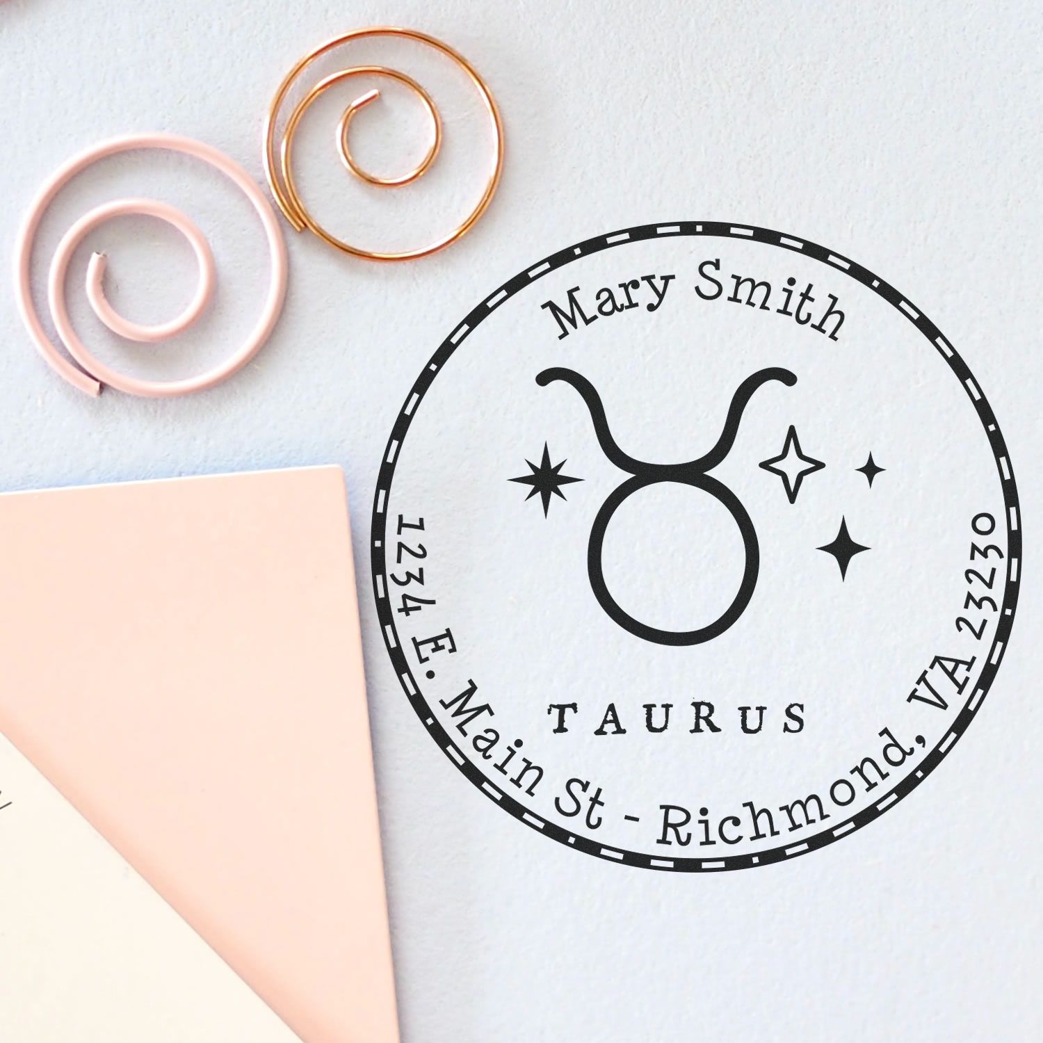 Wood Handle Symbolic Taurus Custom Name And Address Stamp - Engineer Seal Stamps