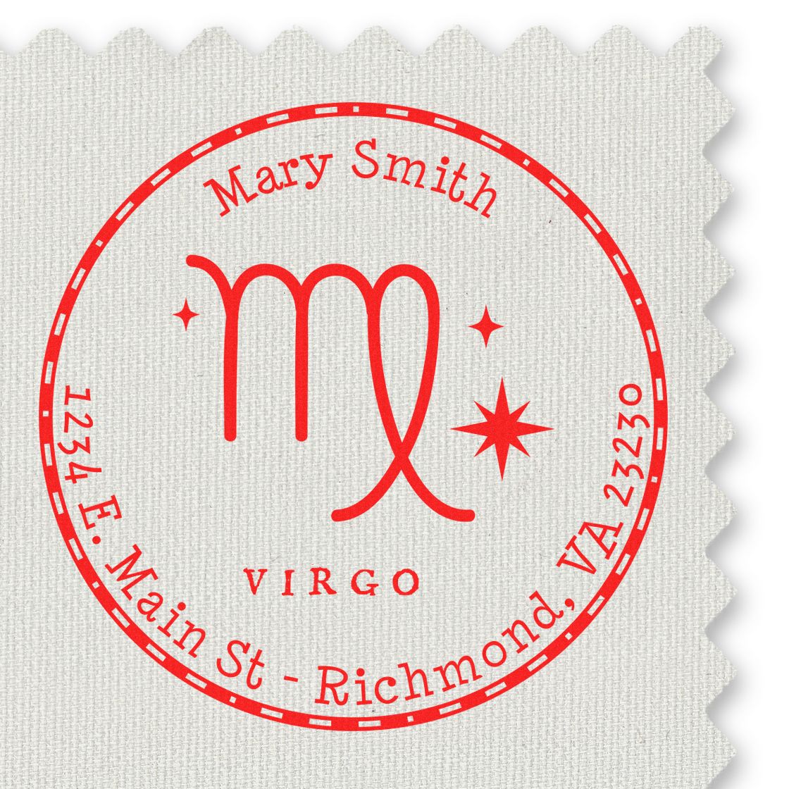 Red Virgo custom stamp seal with Mary Smith, 1234 E. Main St., Richmond, VA 23230 on textured white paper.
