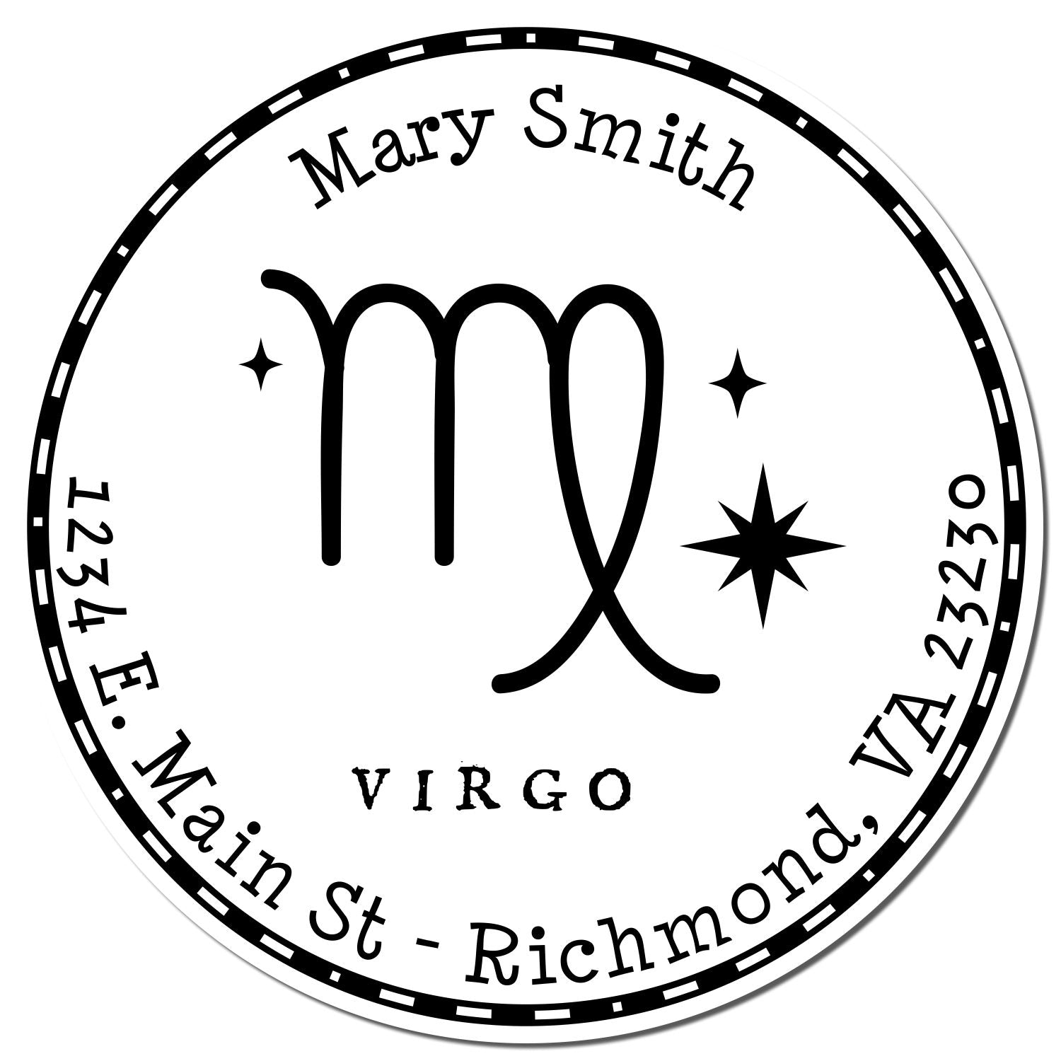 Black-and-white circular Virgo stamp seal with Mary Smith, star accents, and border text for Richmond, VA.