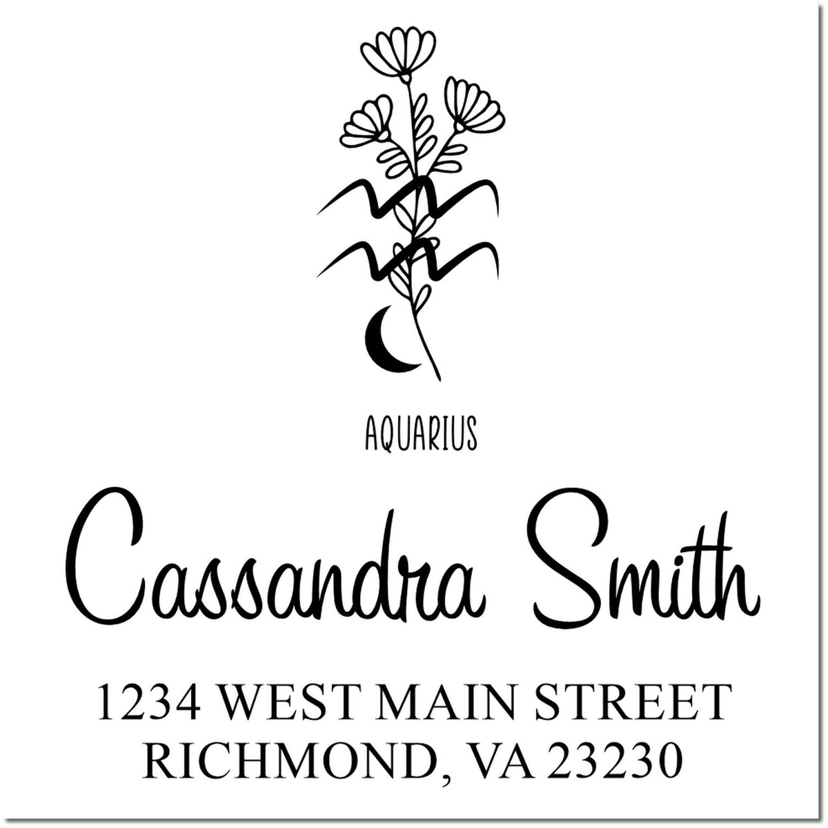 Black custom Aquarius stamp seal with floral line art, Cassandra Smith, and address 1234 West Main Street, Richmond, VA 23230