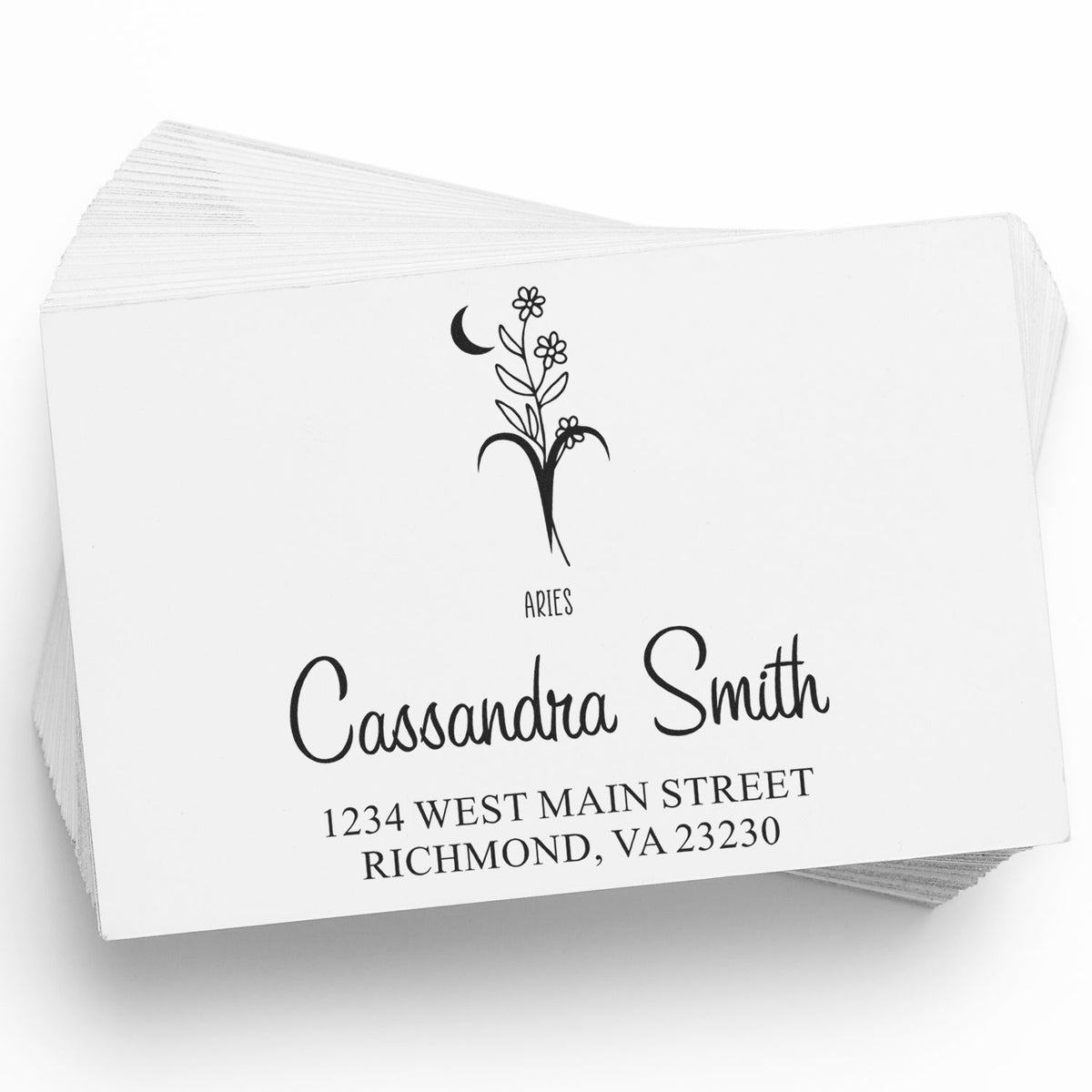 Black custom stamp and seal cards with Aries floral design, Cassandra Smith name, and Richmond, VA address on white.