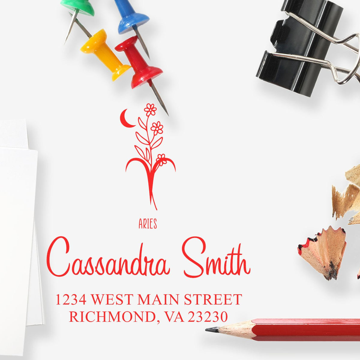 Red Aries custom stamp and seal with floral design, Cassandra Smith name and Richmond address