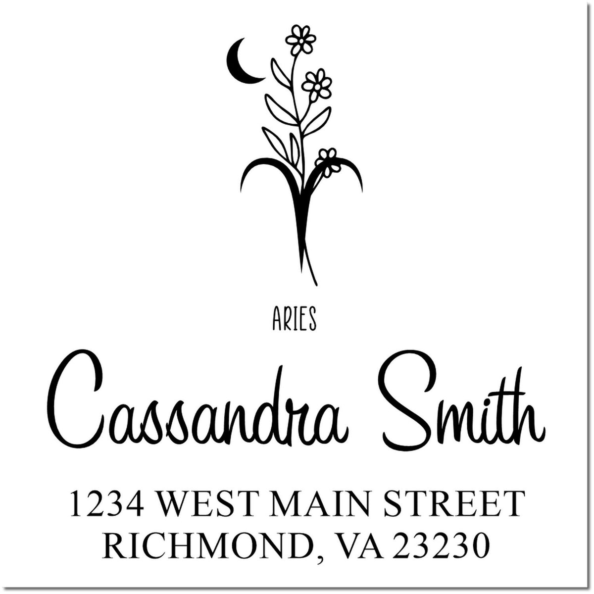 Black custom stamp and seal with floral Aries symbol, Cassandra Smith name, and Richmond, VA address.