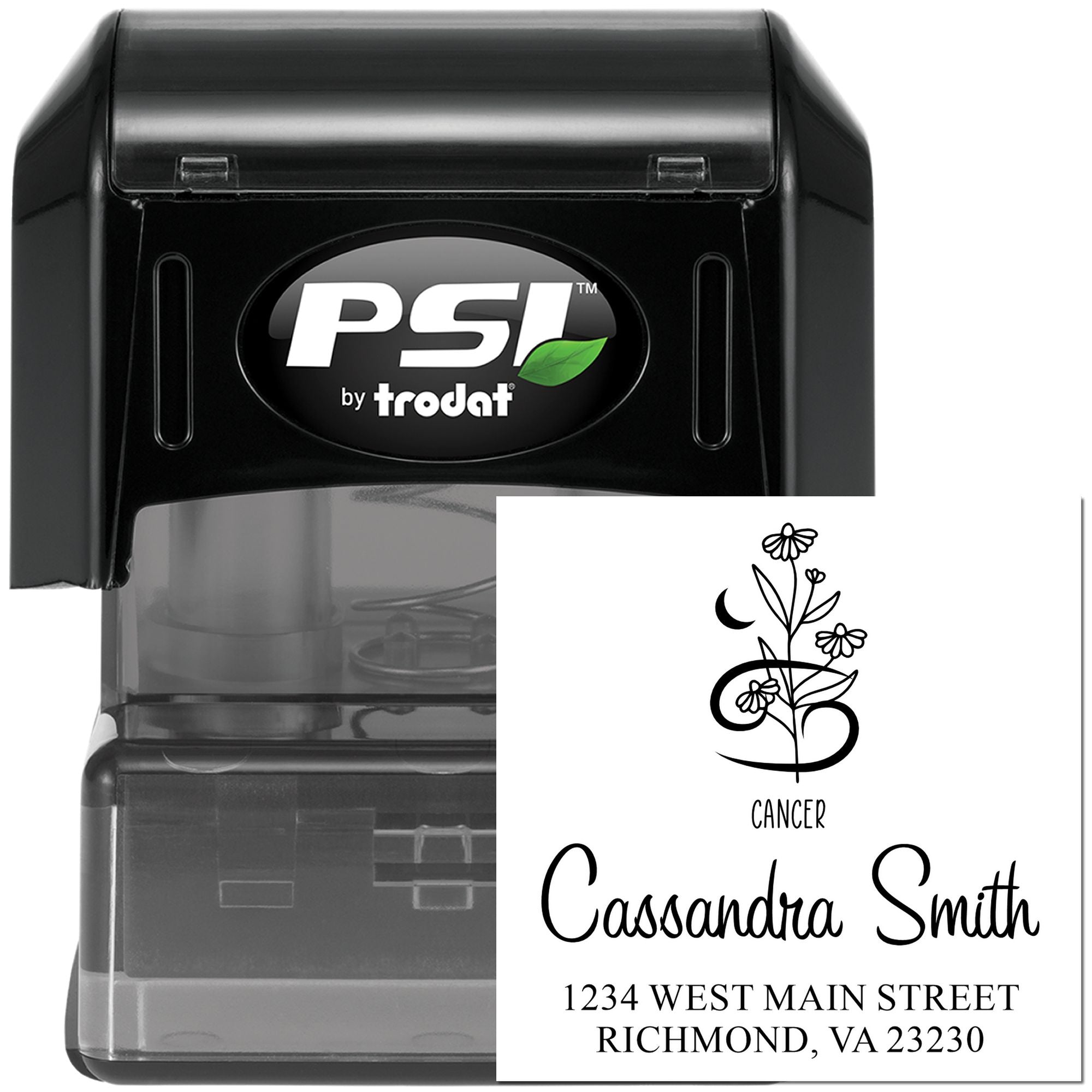 Black PSI by Trodat self-inking stamp with clear case and Cancer floral address seal design on white.