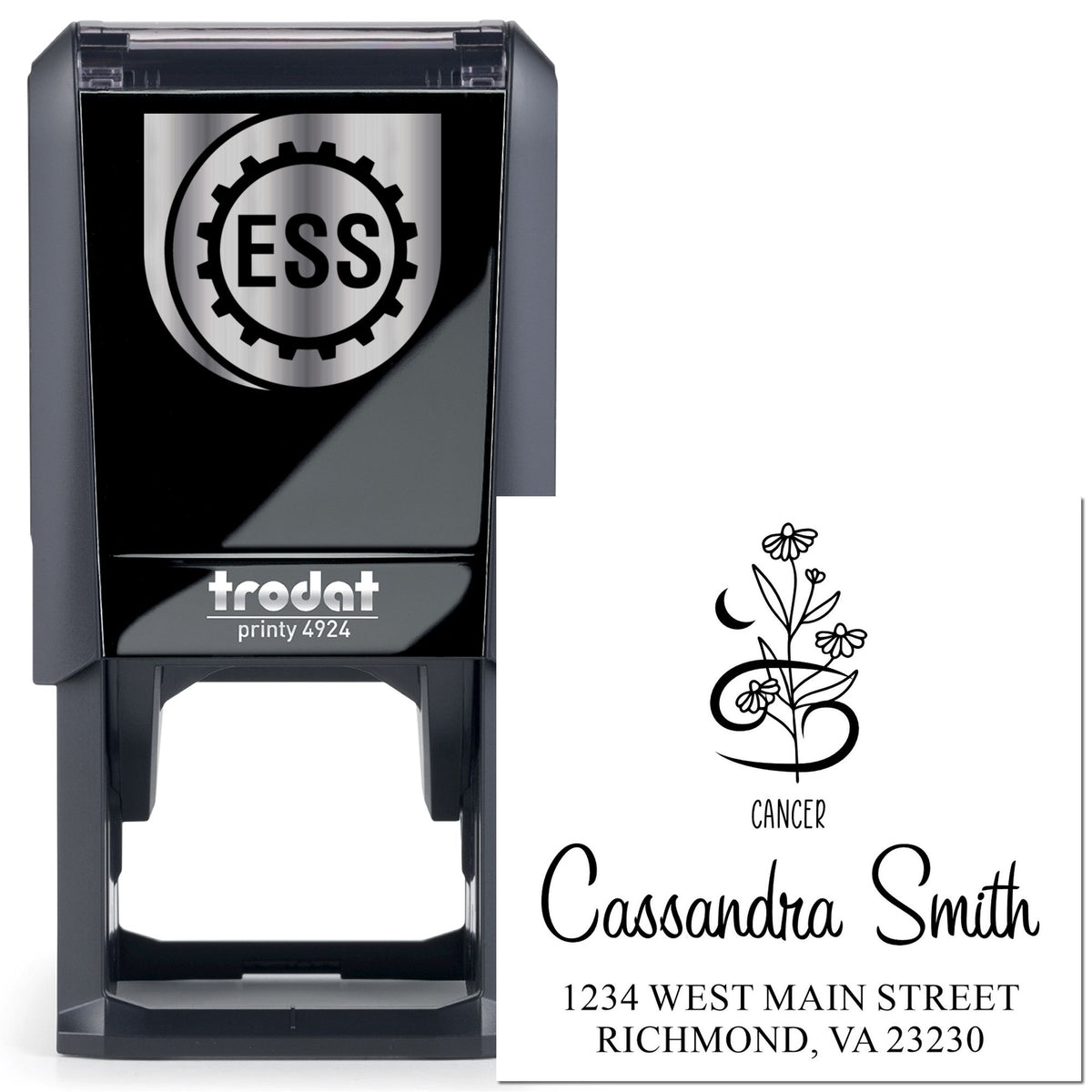 Black self-inking stamp and seal set with silver ESS logo and white custom seal featuring flowers, Cancer sign, name and address.