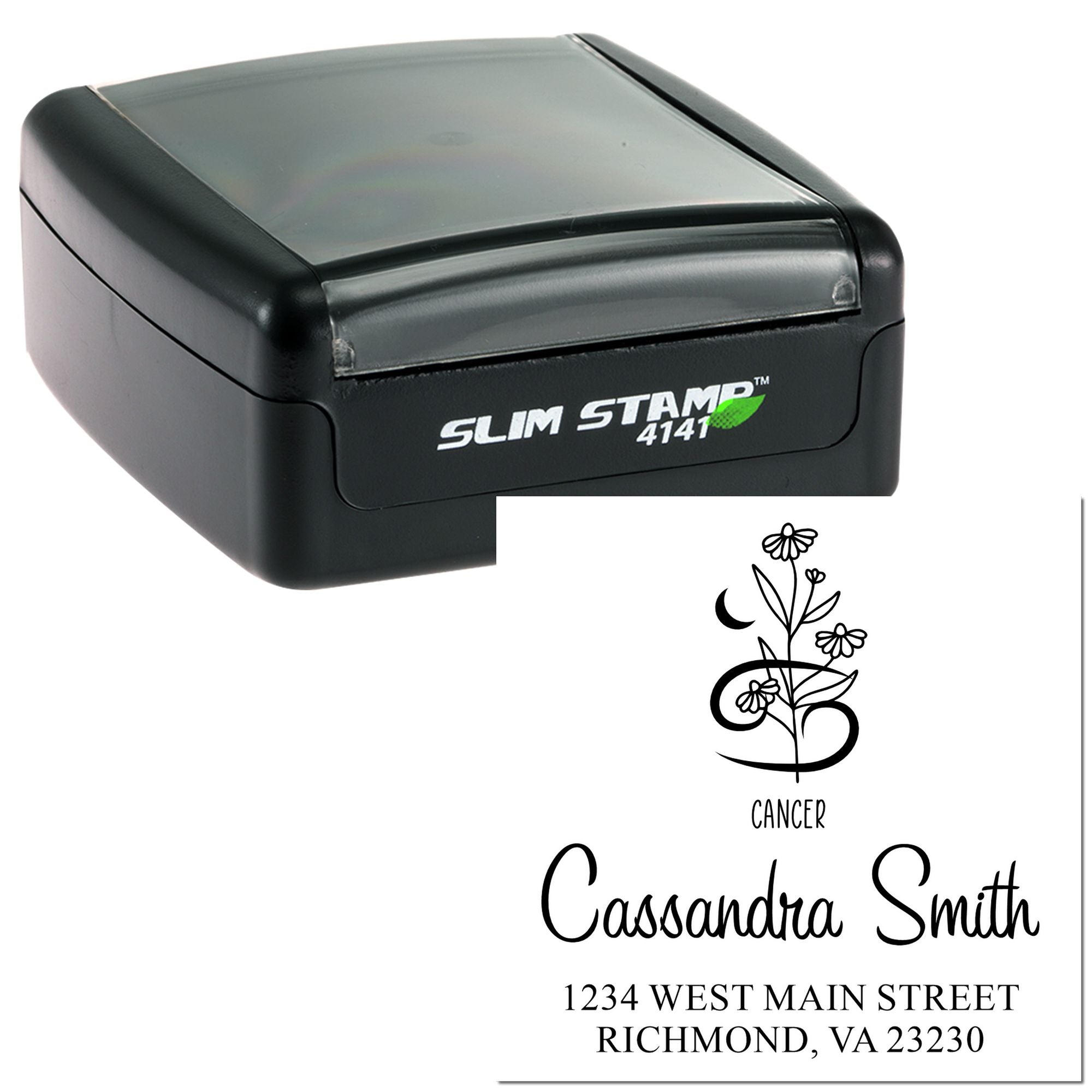 Black slim self-inking stamp and seal with white sample impression, floral Cancer design, Cassandra Smith address.