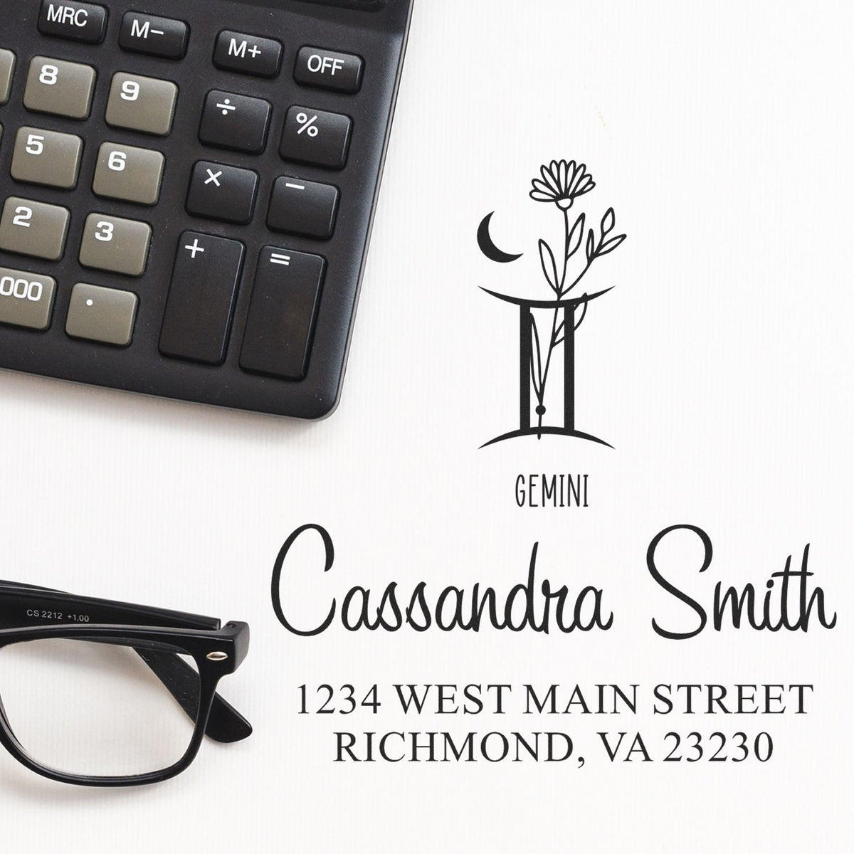 Black custom stamp and seal layout with Gemini floral crescent logo, Cassandra Smith name, and Richmond address on white background.