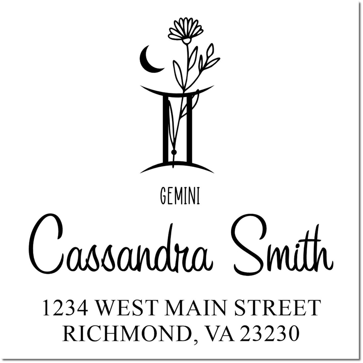 Black custom Gemini stamp and seal with floral zodiac symbol, Cassandra Smith name, and Richmond, VA address on white background.