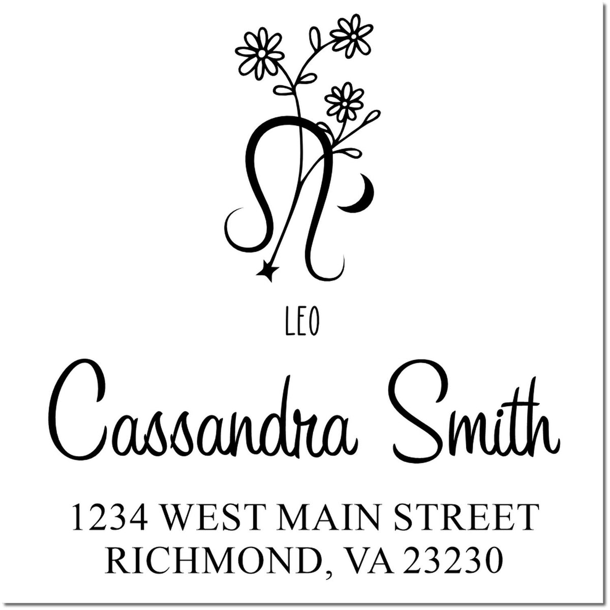 Black custom stamp and seal with Leo floral monogram, Cassandra Smith, and 1234 West Main Street, Richmond, VA 23230.