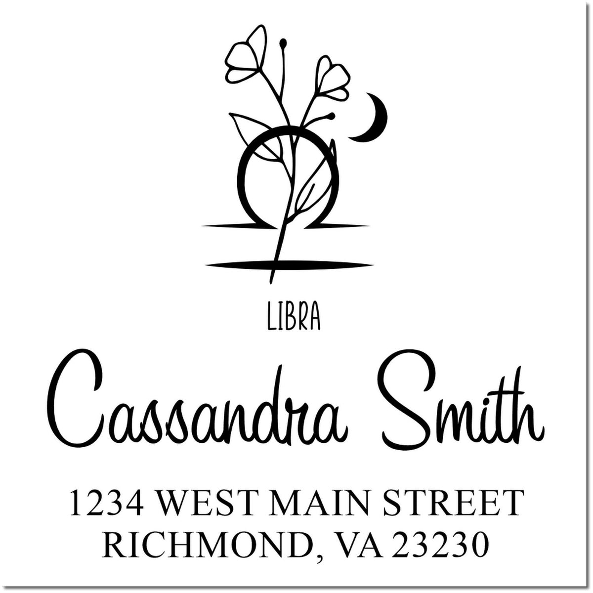 Black personalized Libra address stamp and seal with floral zodiac symbol, Cassandra Smith, and Richmond, VA address.