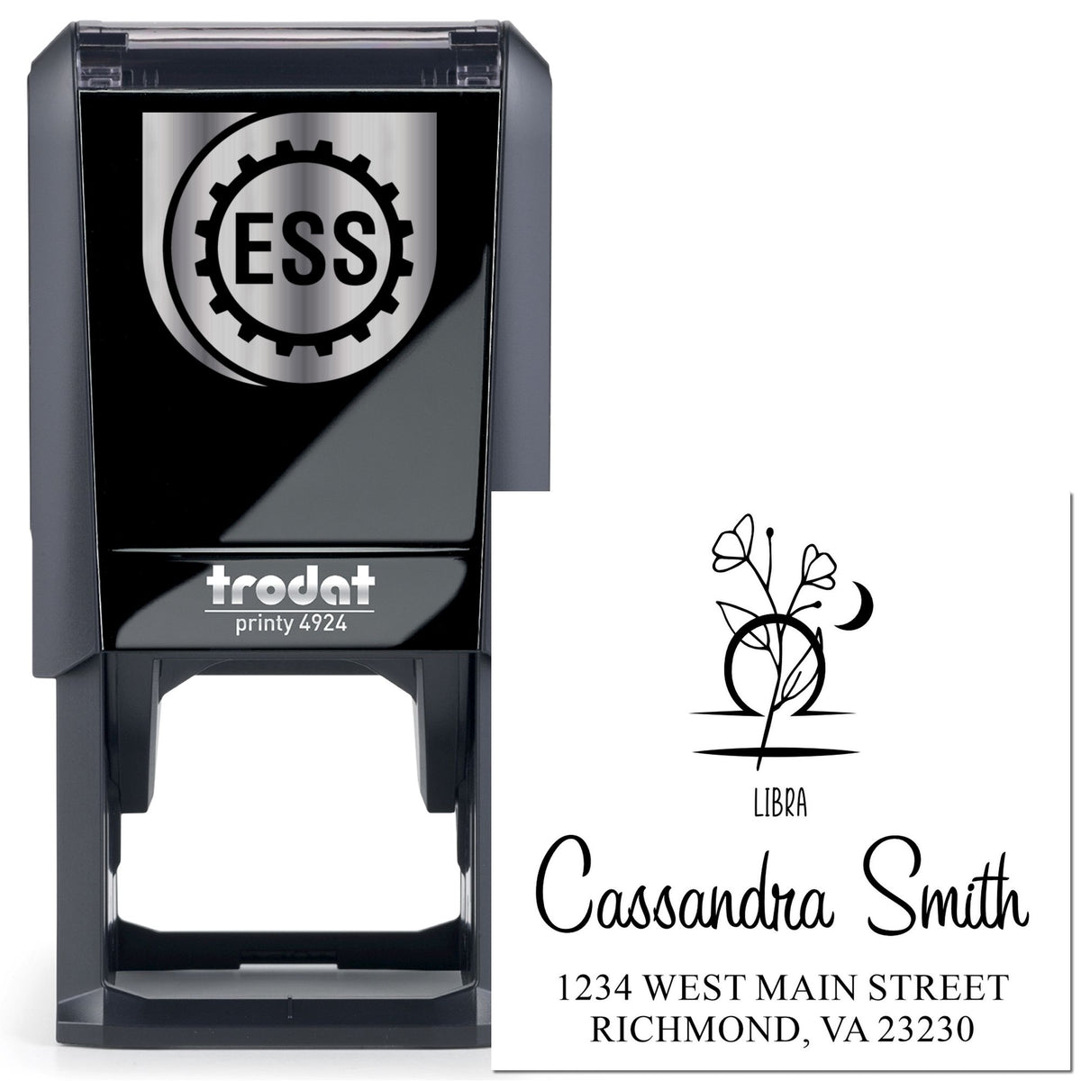 Black Trodat self-inking stamp and custom seal, showing ESS logo, Libra floral design, Cassandra Smith and address.
