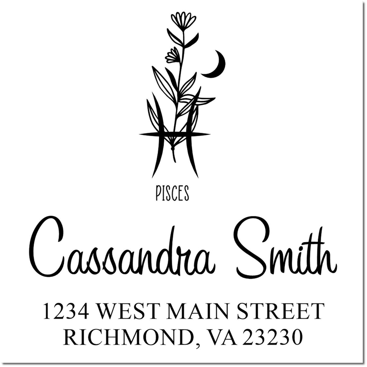 Black-and-white custom Pisces floral stamp seal with Cassandra Smith name and Richmond, VA address