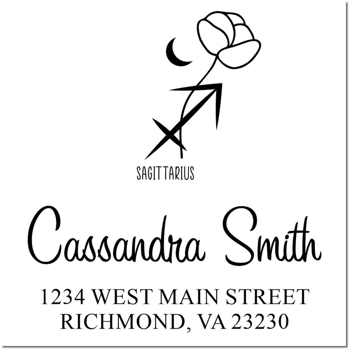 Black-and-white custom Sagittarius stamp and seal with flower, crescent moon, Cassandra Smith, and Richmond, VA address.