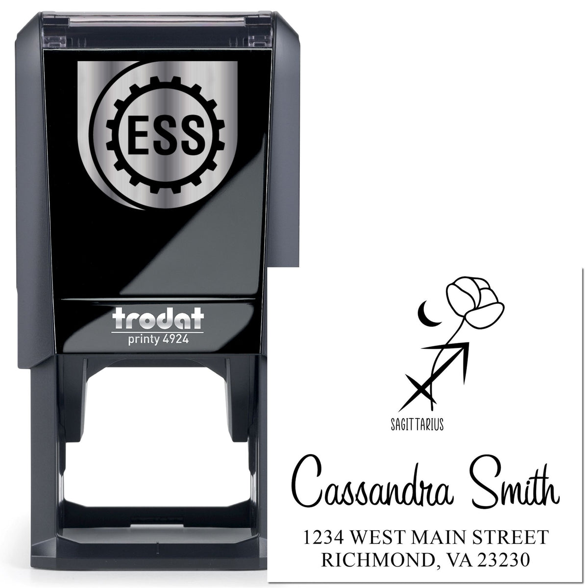 Black self-inking Trodat Printy 4924 stamp with silver ESS seal logo and custom Sagittarius name and address imprint.