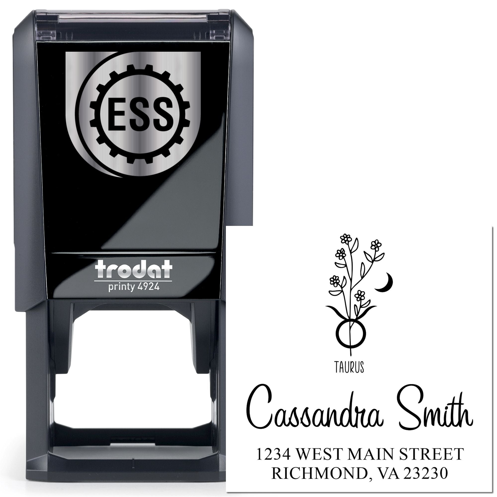 Black self-inking stamp and seal with Taurus floral emblem, Cassandra Smith name, and Richmond, VA address on white.