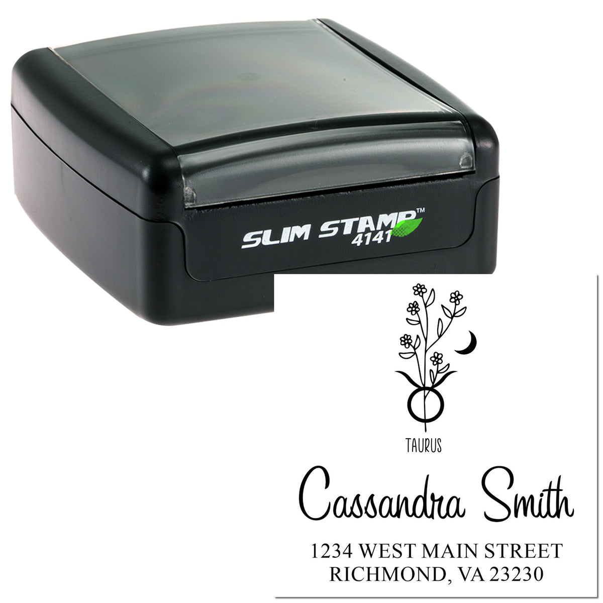 Black Slim Stamp 4141 with Taurus floral return address seal for Cassandra Smith, Richmond, VA.