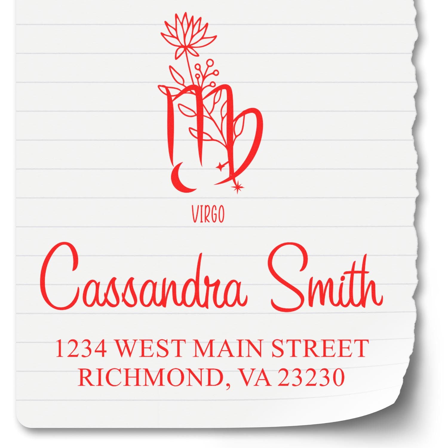 Red Virgo floral custom stamp and seal with Cassandra Smith and Richmond, VA on white lined paper.