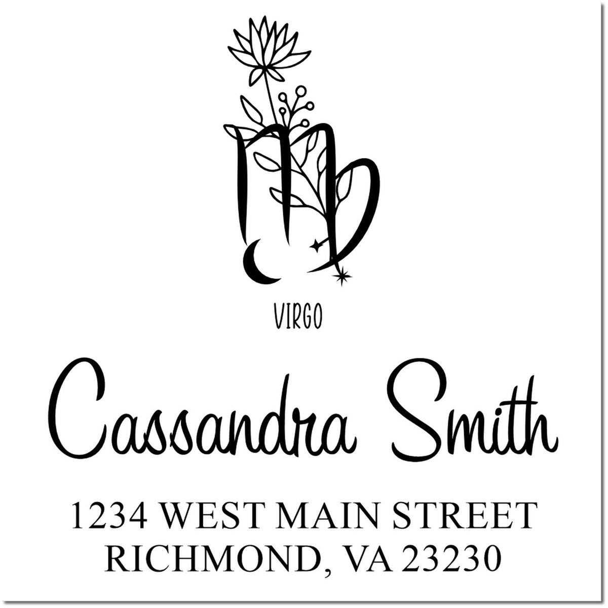 Custom black-and-white Virgo stamp seal with floral monogram, Cassandra Smith, and Richmond, VA address.
