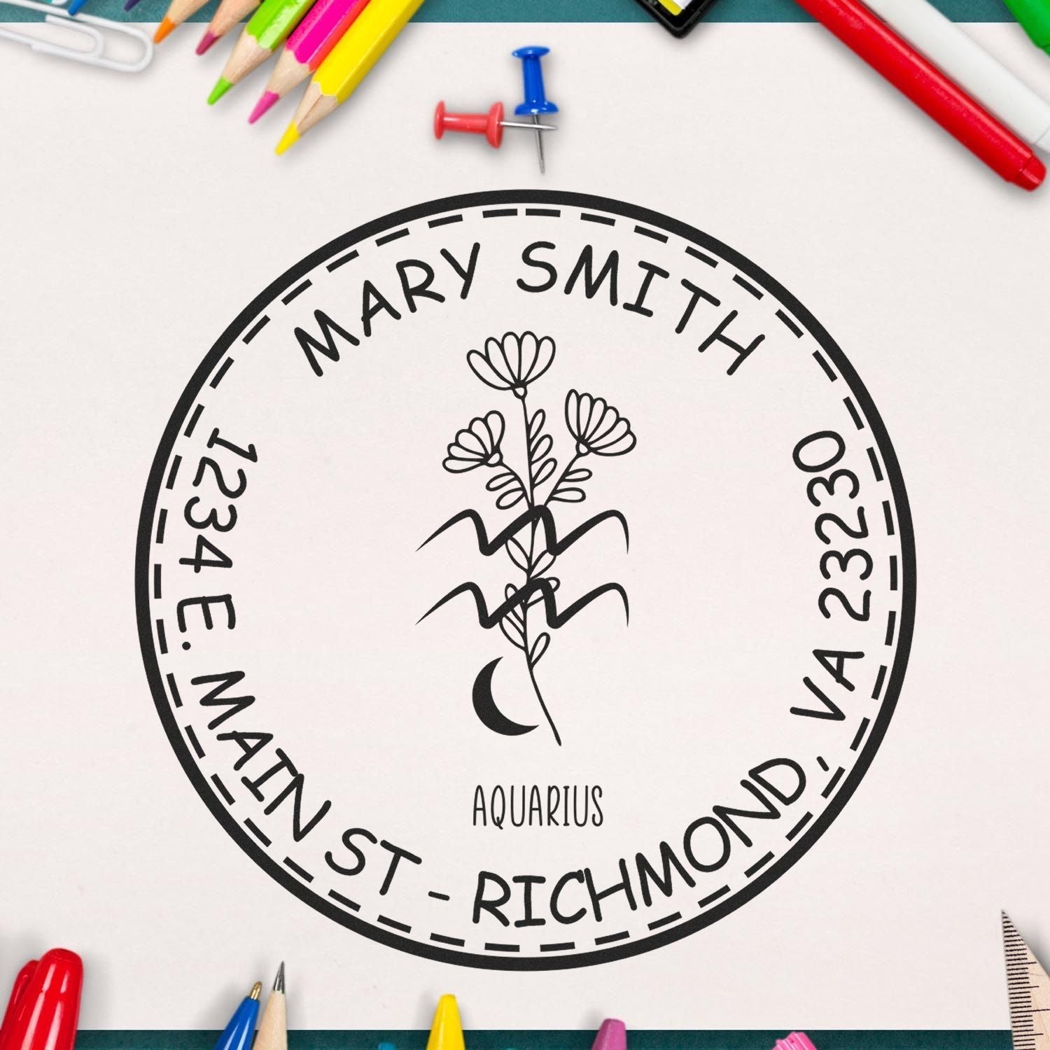 Wood Handle Flowering Aquarius Custom Return Address Stamp - Engineer Seal Stamps