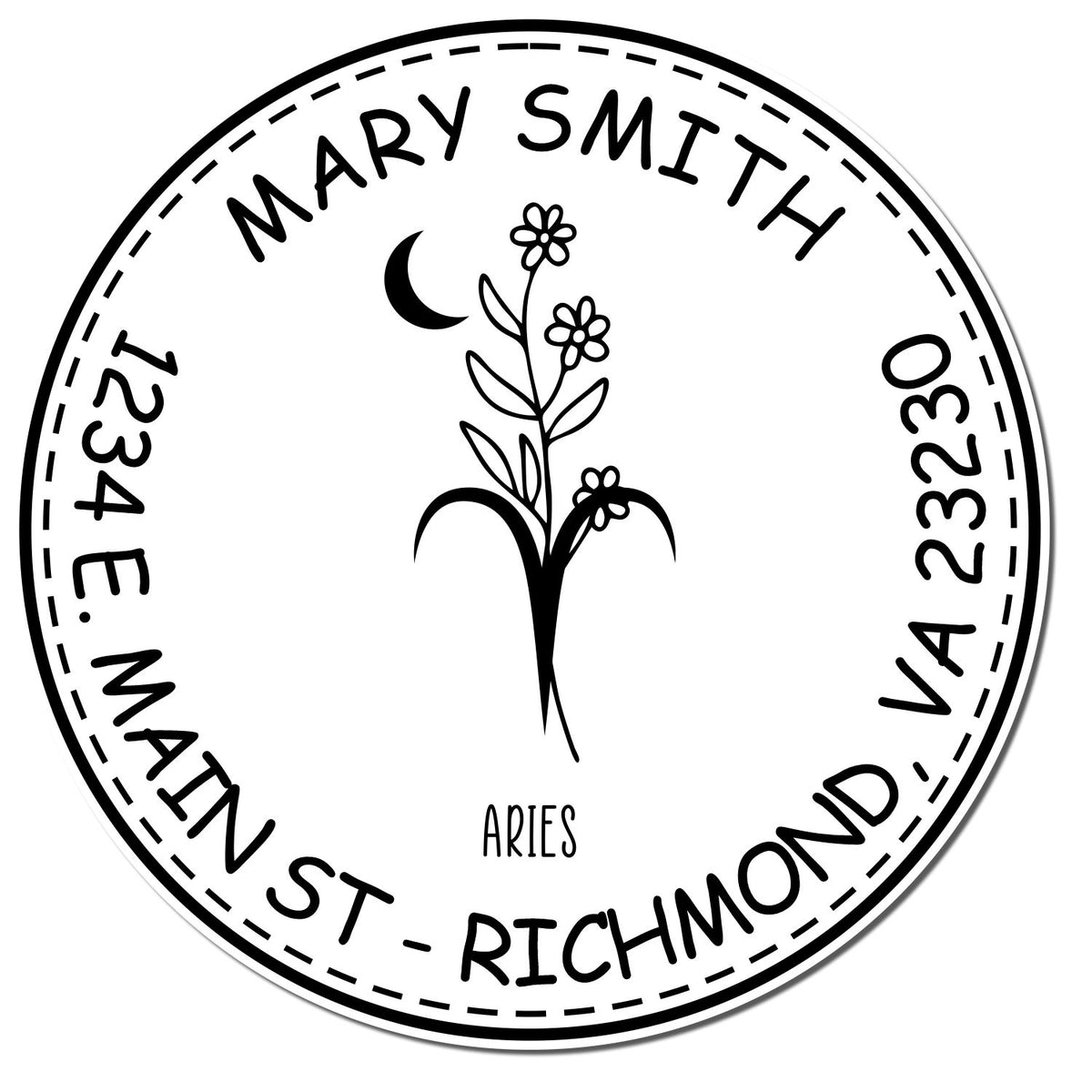 Black-and-white circular return address stamp seal for Mary Smith, 1234 E. Main St, Richmond, VA 23230, with Aries, moon and flowers.