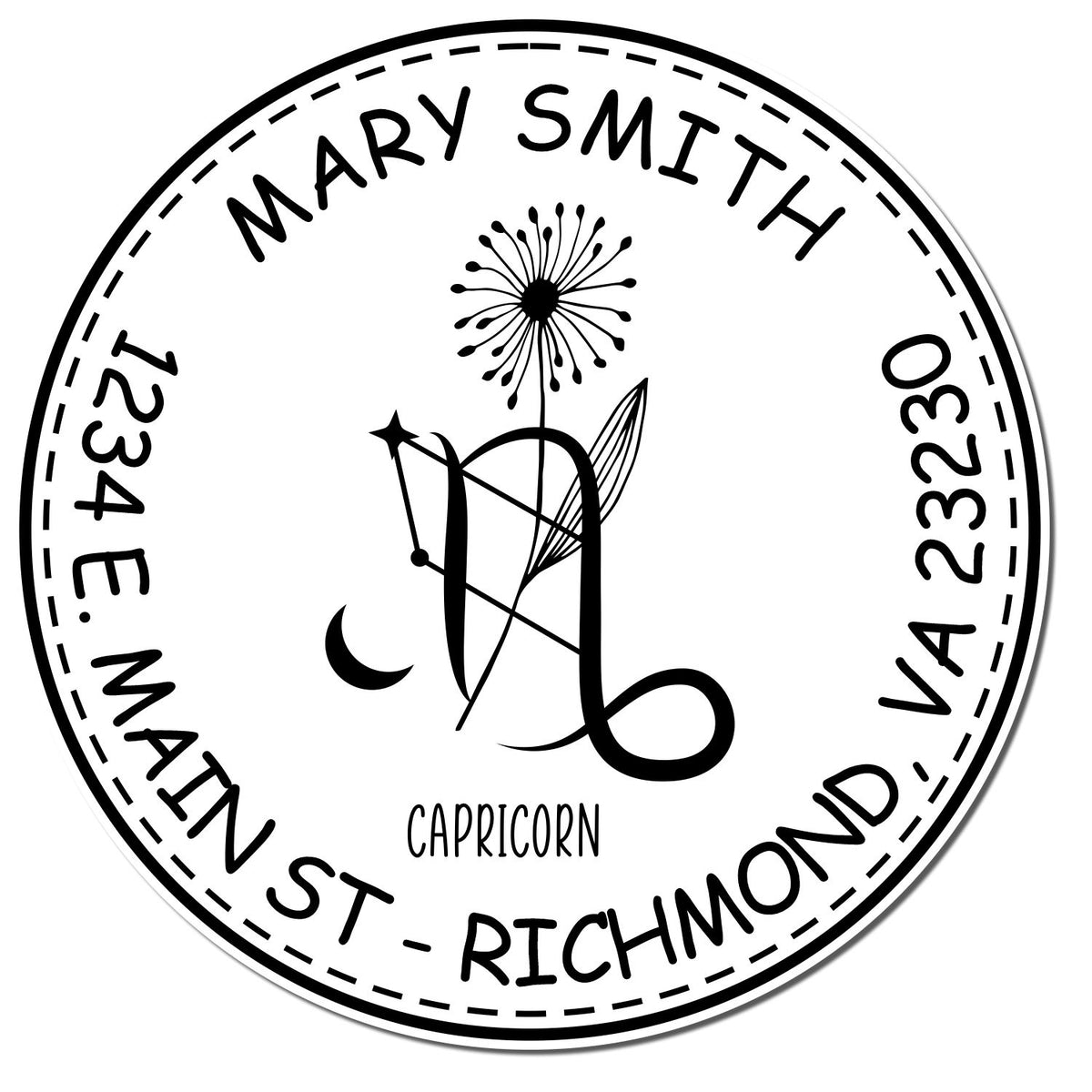 Black-and-white circular stamp seal for Mary Smith, Capricorn, with floral emblem and address: 1234 E. Main St, Richmond, VA 23230.