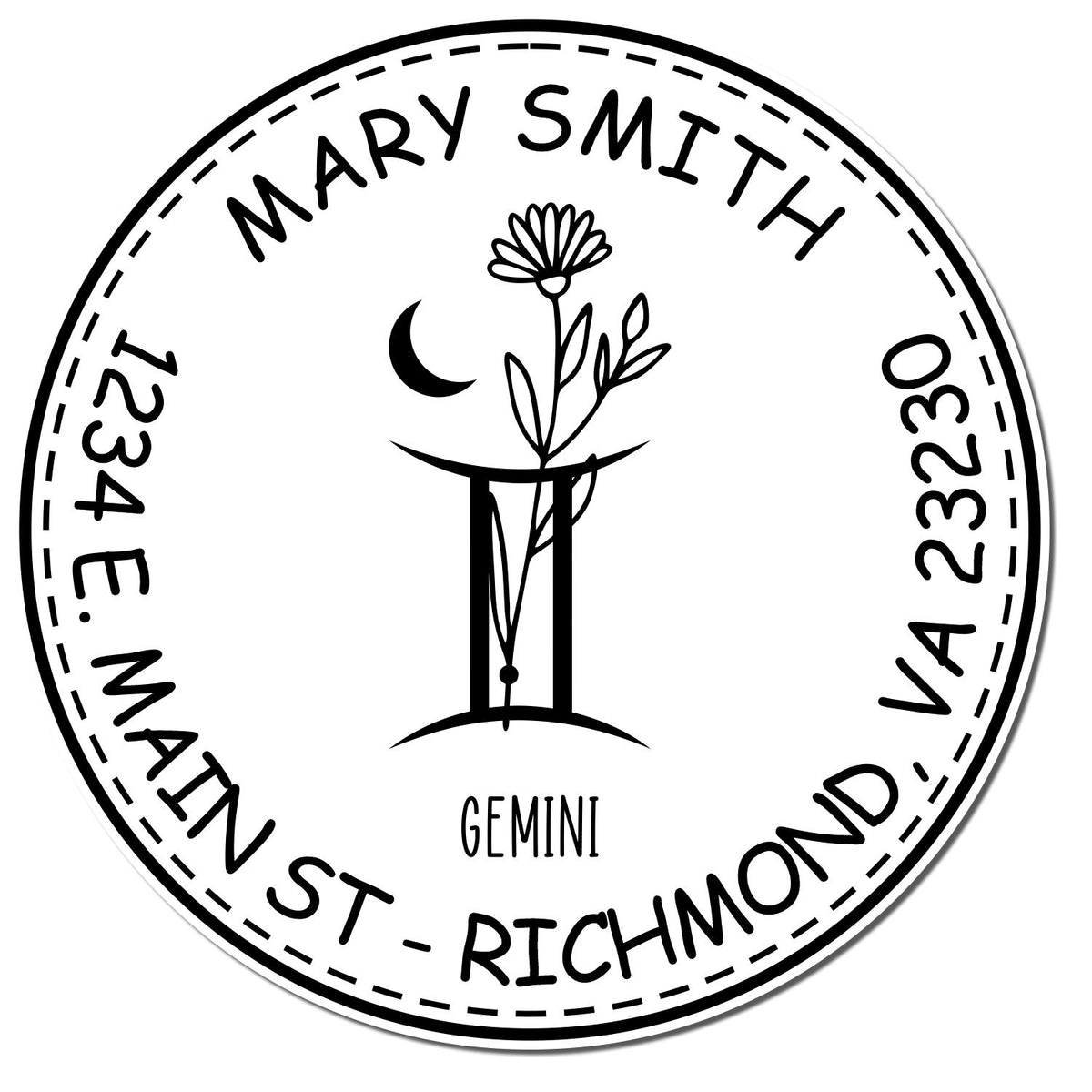 Black-and-white circular custom stamp seal for Mary Smith, Gemini, with flower and crescent, Richmond, VA 23230