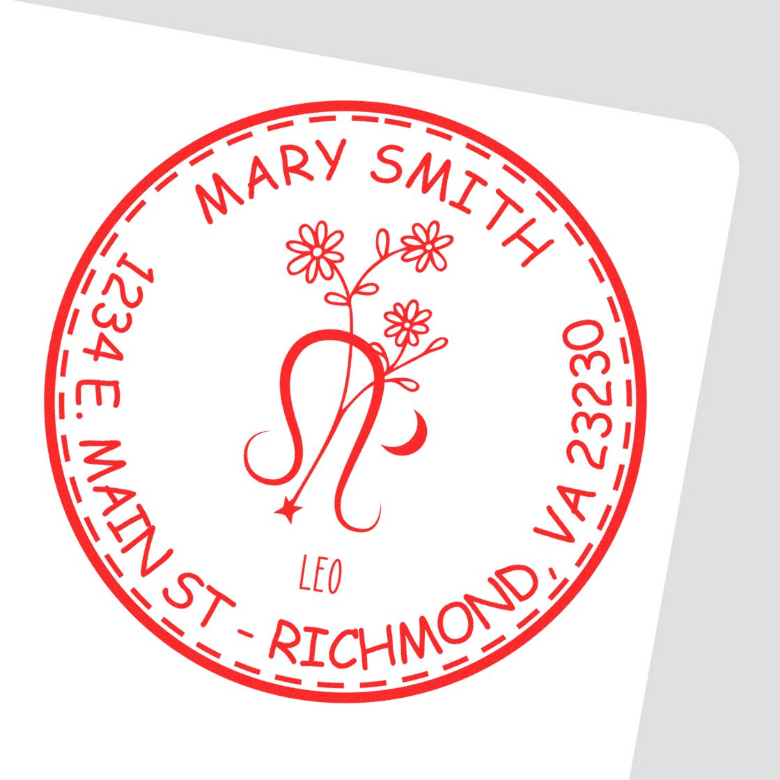 Red circular address stamp and seal with floral Leo monogram, Mary Smith, and Richmond, VA text.