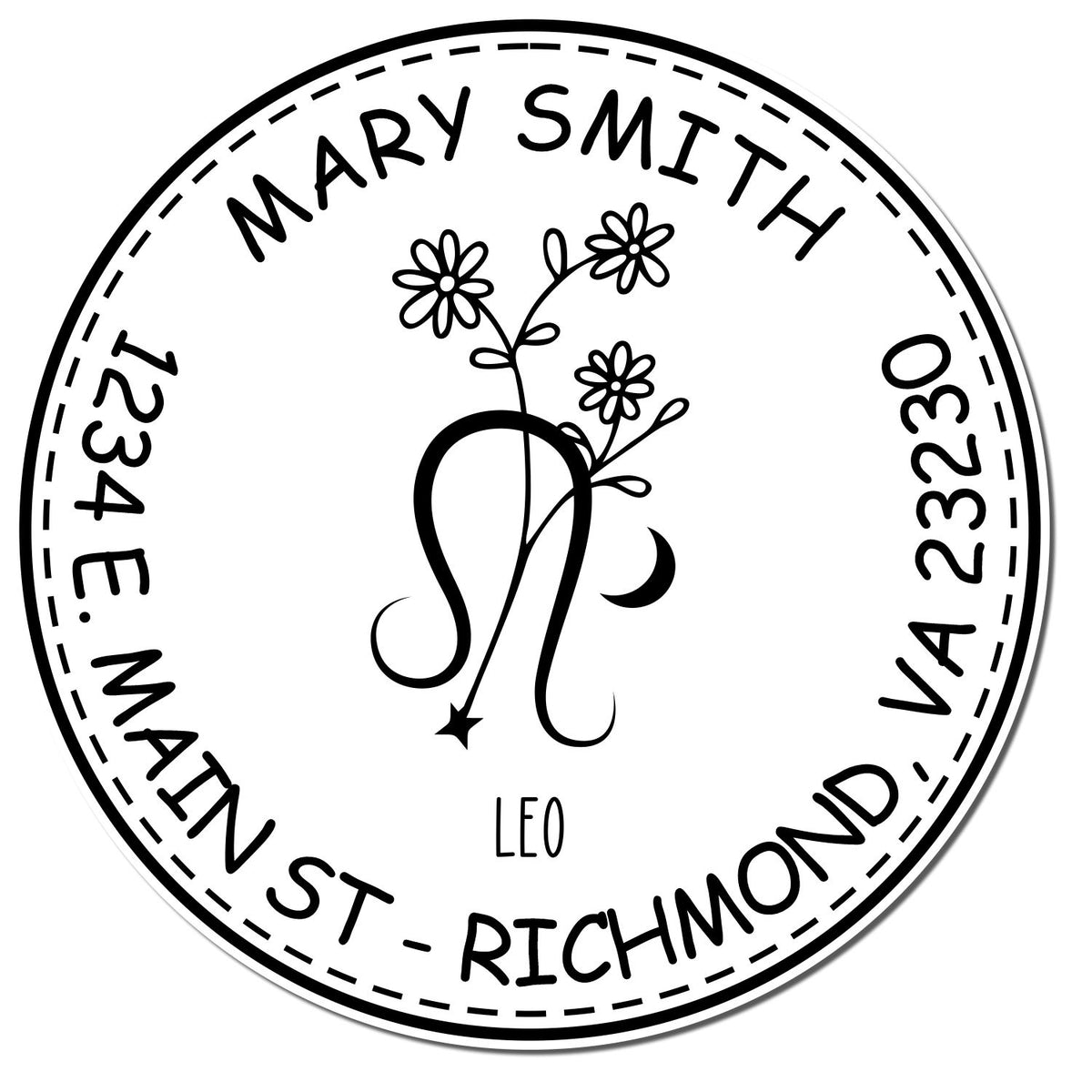 Black-and-white round custom stamp seal with MARY SMITH, floral monogram, Leo, and address around the border.