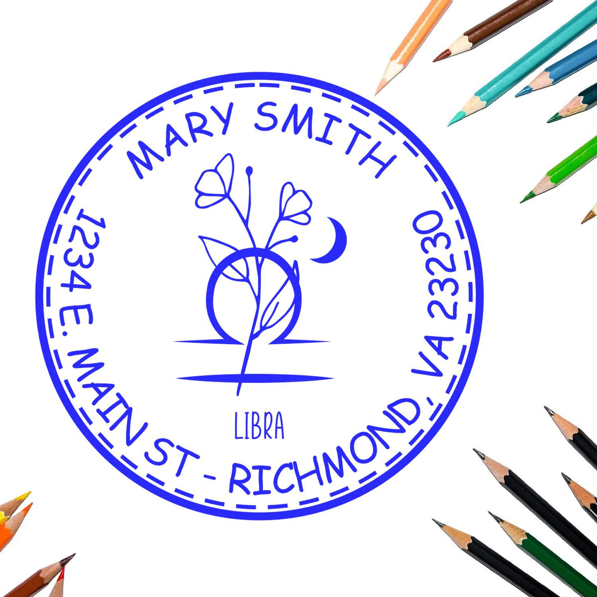 Blue circular stamp seal with floral Libra emblem, Mary Smith, 1234 E. Main St., Richmond VA, surrounded by colored pencils.