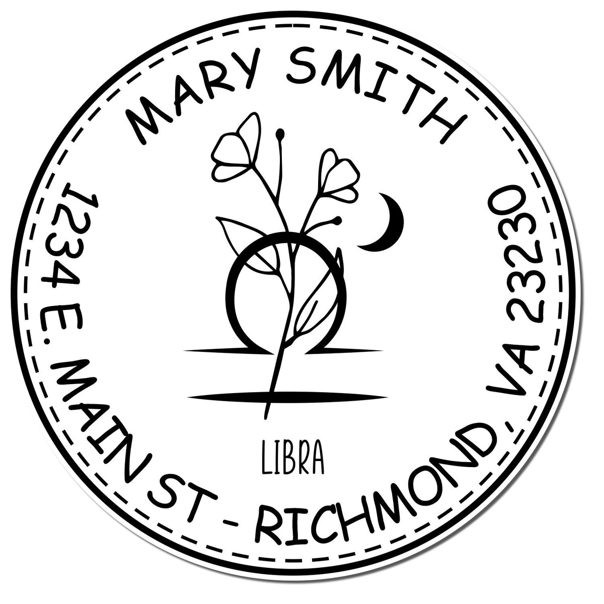 Black-and-white circular stamp seal with floral crescent moon, Libra, and Mary Smith, 1234 E. Main St., Richmond, VA 23230.