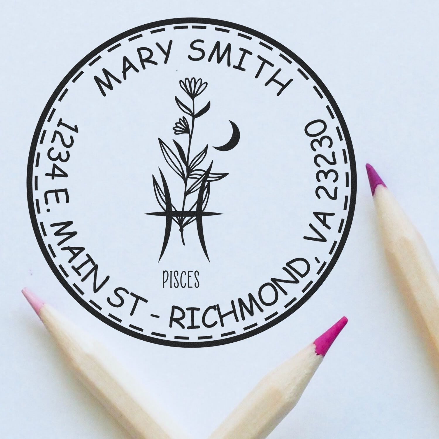 Self-Inking Flowering Pisces Personalized Home Address Stamp - Engineer Seal Stamps