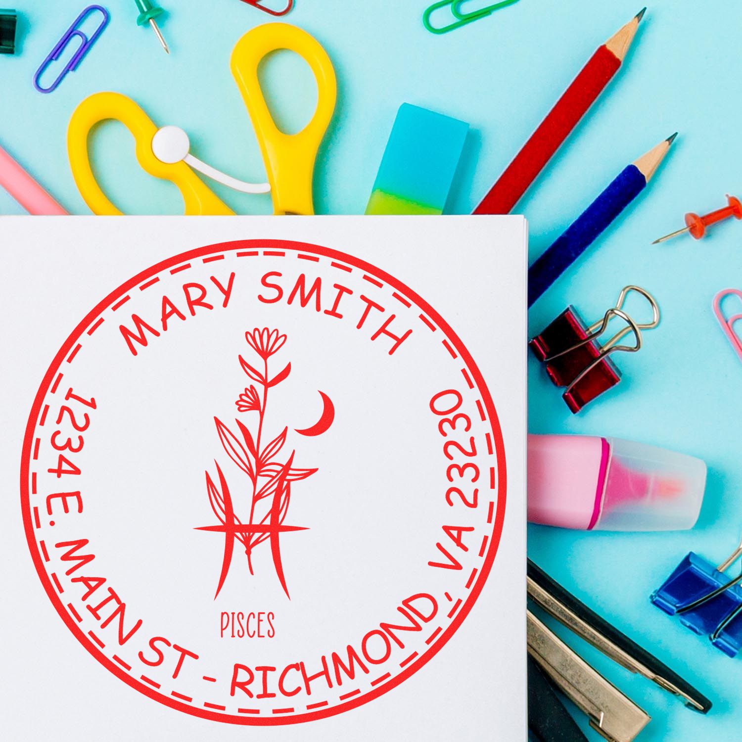 Portable Pre-Inked Flowering Pisces Personalized Address Stamp - Engineer Seal Stamps