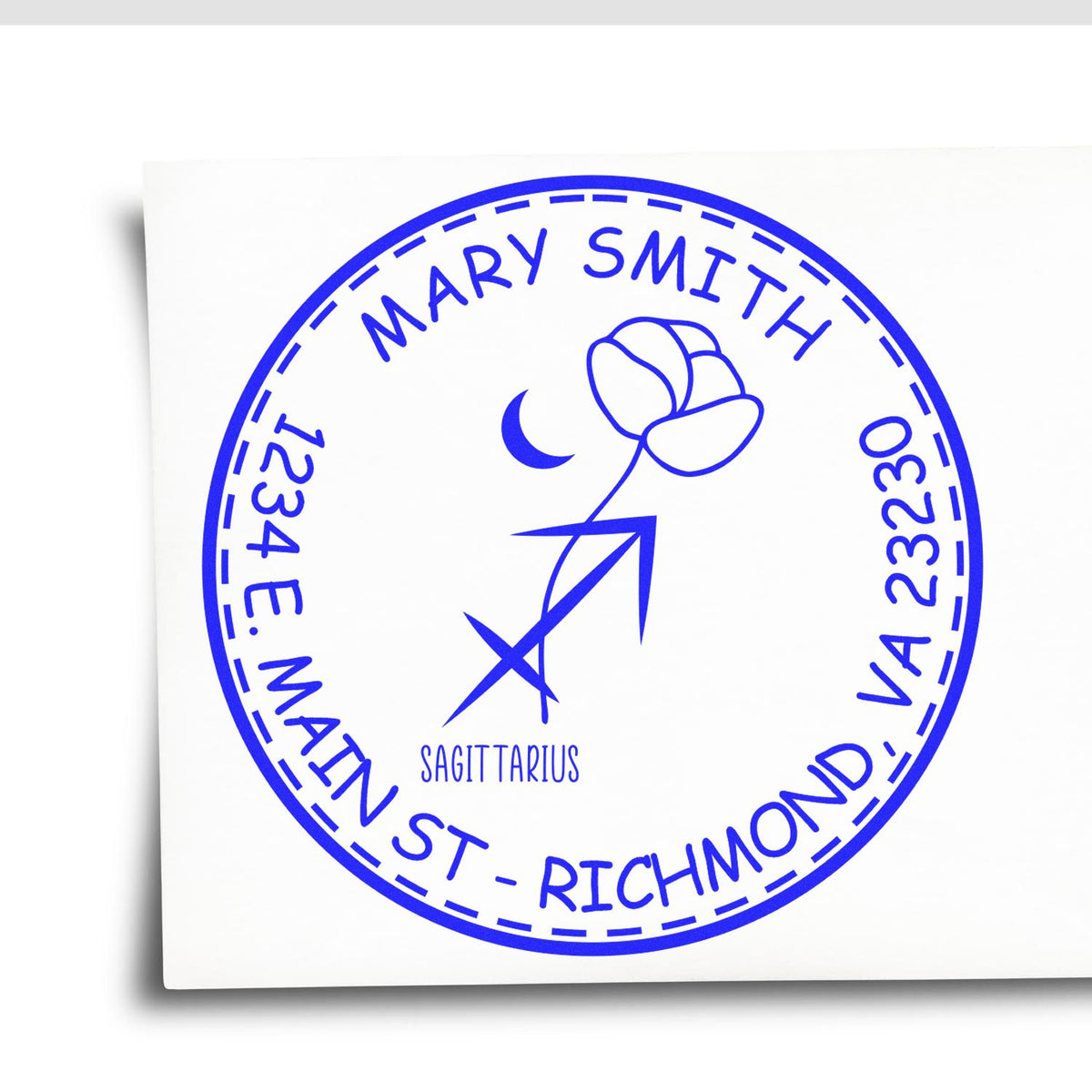 Blue Sagittarius return address stamp seal with Mary Smith, 1234 E. Main St., Richmond, VA, and floral moon icon.
