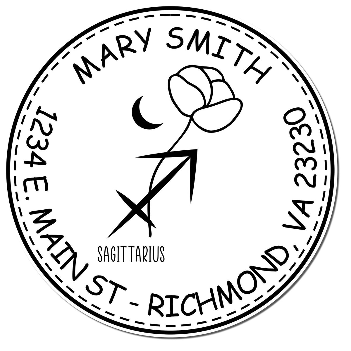 Black-and-white circular stamp seal with Mary Smith, Sagittarius symbol, rose, and address 1234 E. Main St., Richmond, VA 23230.