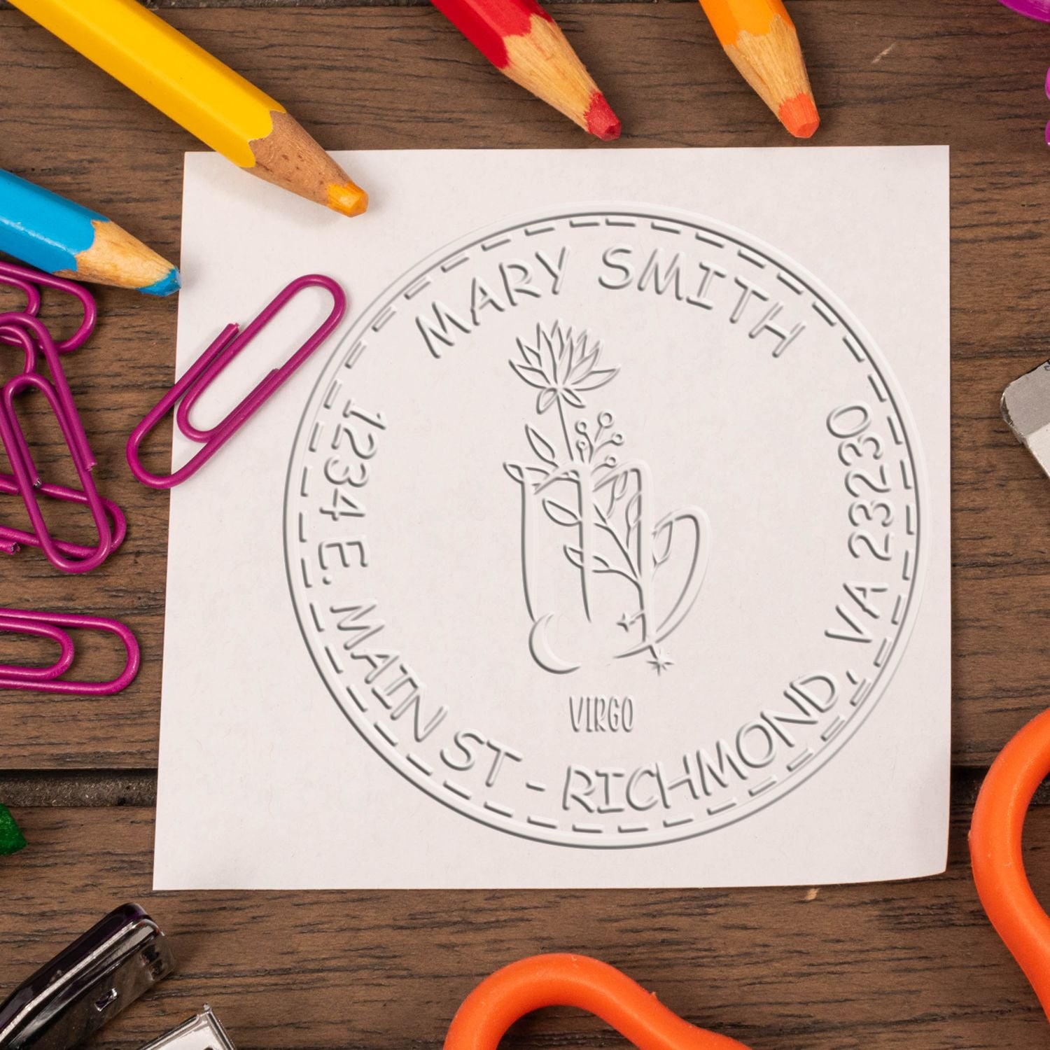 Desk Flowering Virgo Customized Name And Address Embosser - Engineer Seal Stamps