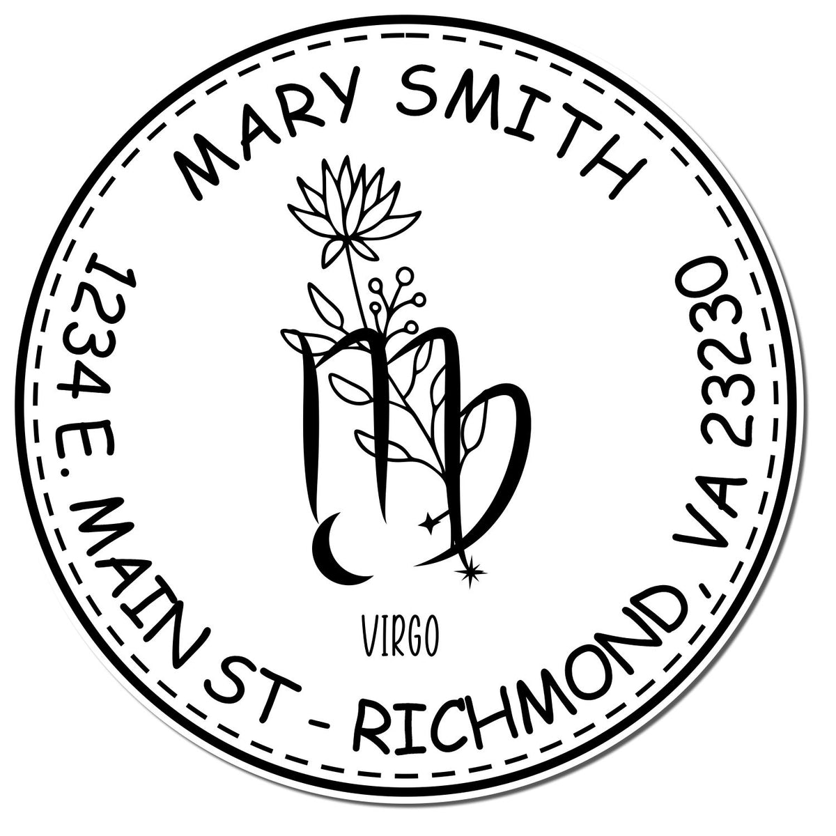 Black-and-white circular Virgo stamp seal for Mary Smith, with crescent moon, botanical line art, and 1234 E. Main St., Richmond, VA 23230.