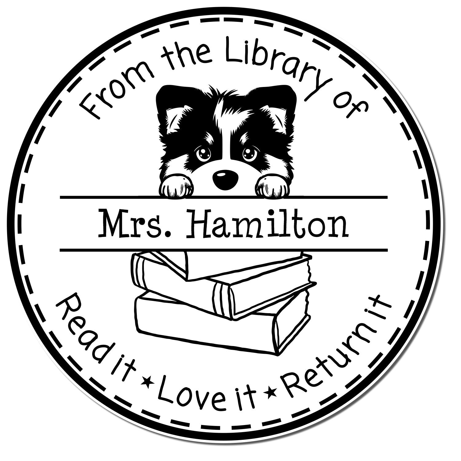 Black-and-white circular library stamp seal with puppy, stacked books, and text: From the Library of Mrs. Hamilton, Read it, Love it, Return it.
