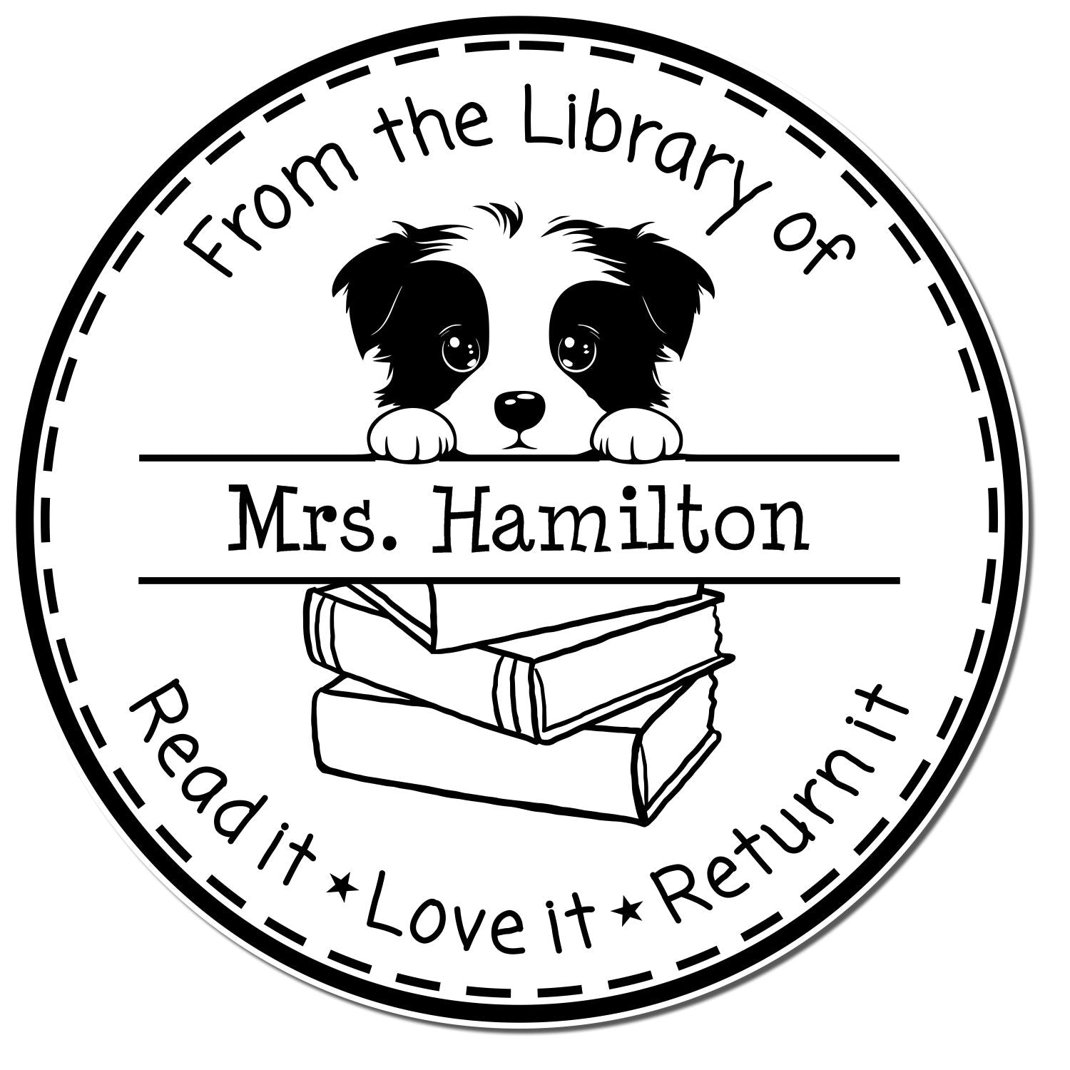 Black-and-white round library stamp seal with puppy and books, text: Mrs. Hamilton, Read it Love it Return it.