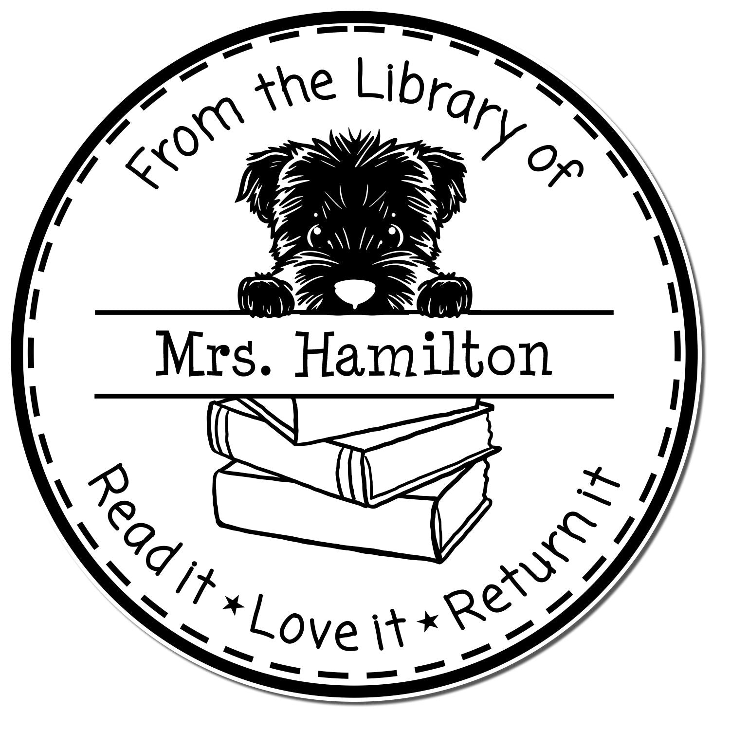 Black-and-white round library stamp seal with dog peeking over books, Mrs. Hamilton, and Read it, Love it, Return it text.