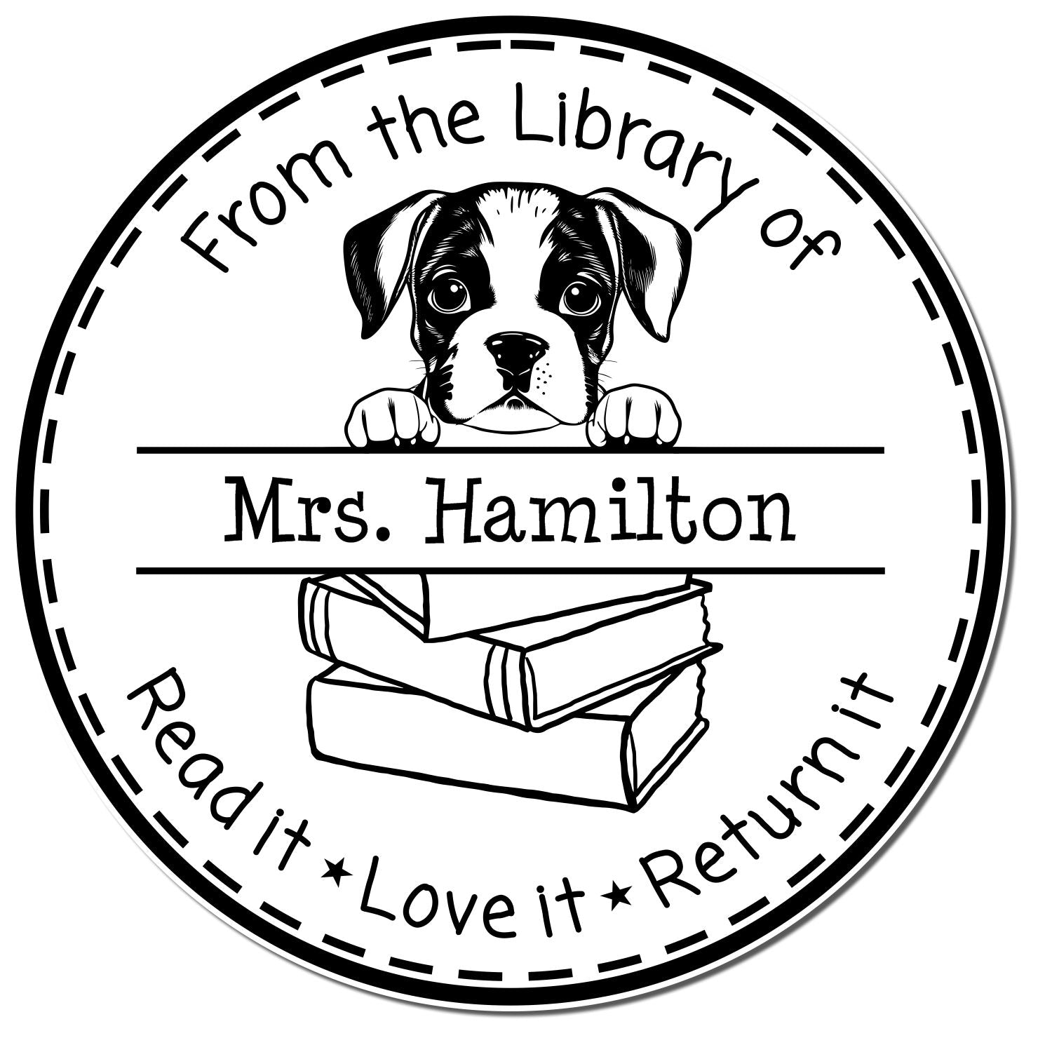 Black-and-white circular library stamp seal with puppy peeking over books, Mrs. Hamilton, and Read it, Love it, Return it.