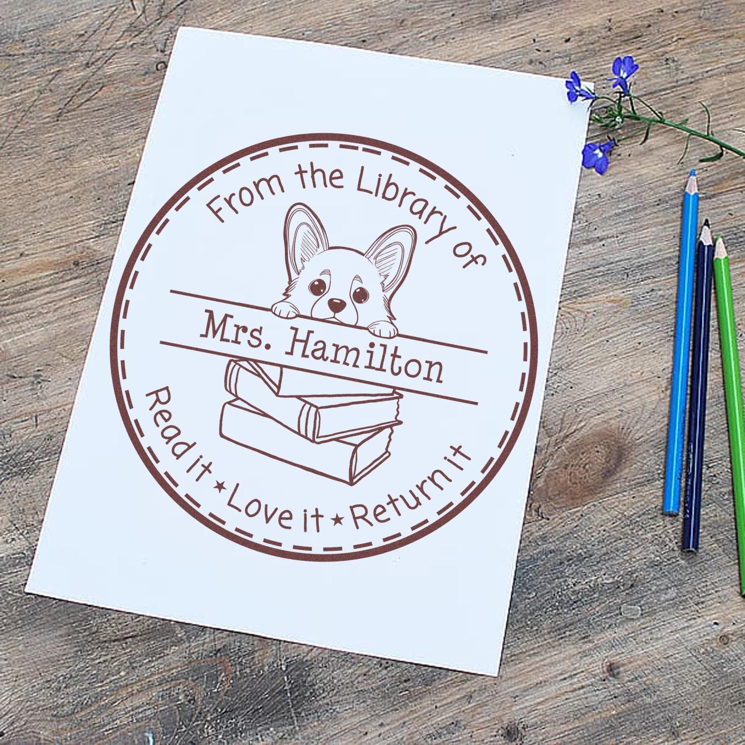 Corgi Puppy Themed For Library Books Stamper - Engineer Seal Stamps