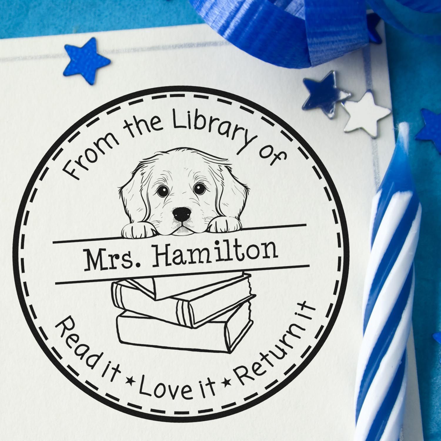 Cute Self-Inking Golden Retriever Customizable Book Return Stamper - Engineer Seal Stamps