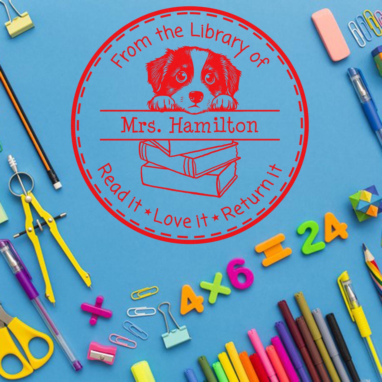 Adorable Miniature American Shepherd Puppy Themed Teacher Book Stamp - Engineer Seal Stamps