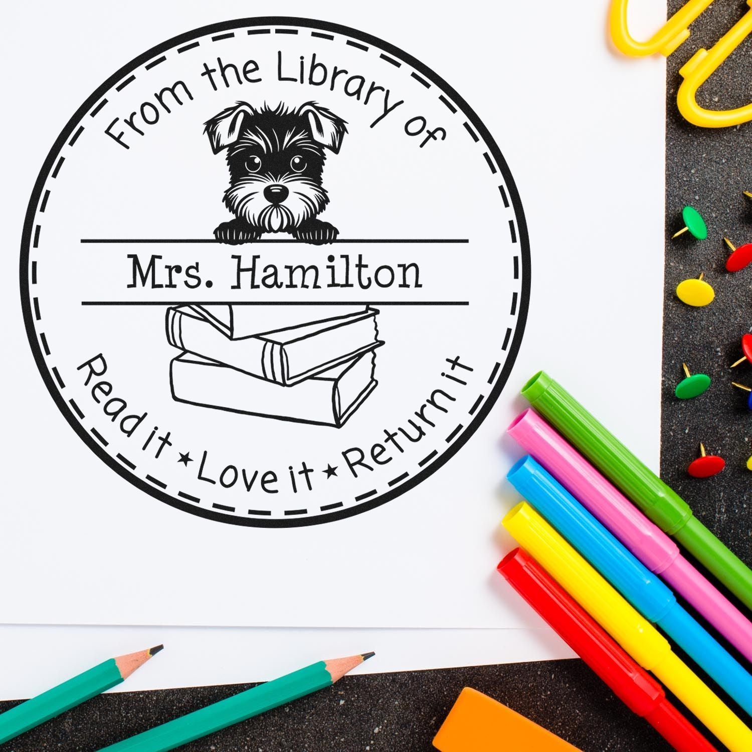 Miniature Schnauzer Customizable Teacher Library Stamp - Engineer Seal Stamps