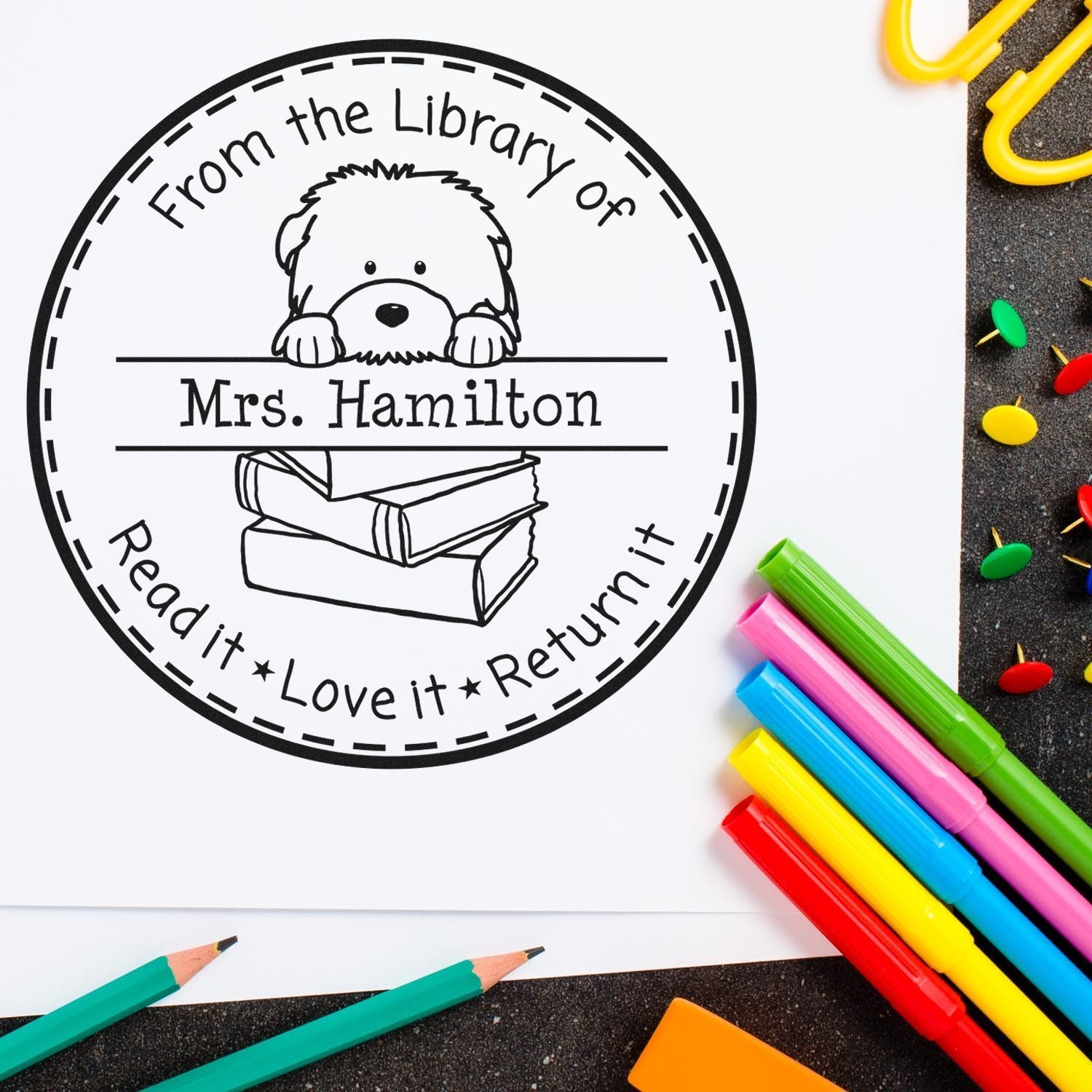 Old English Sheepdog Customizable Teacher Book Stamper - Engineer Seal Stamps