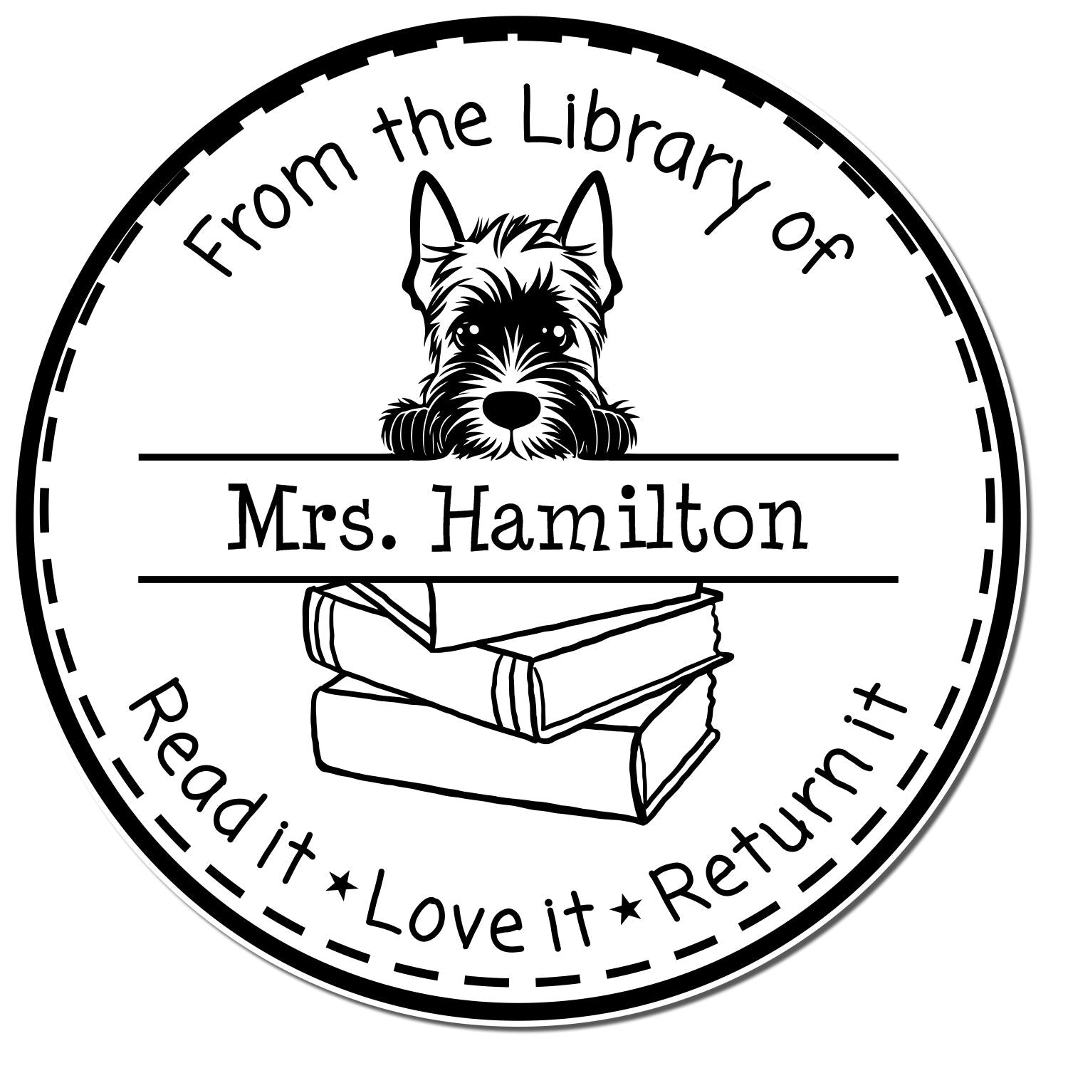 Black-and-white circular library stamp seal with dog and books, reading From the Library of Mrs. Hamilton: Read it, Love it, Return it