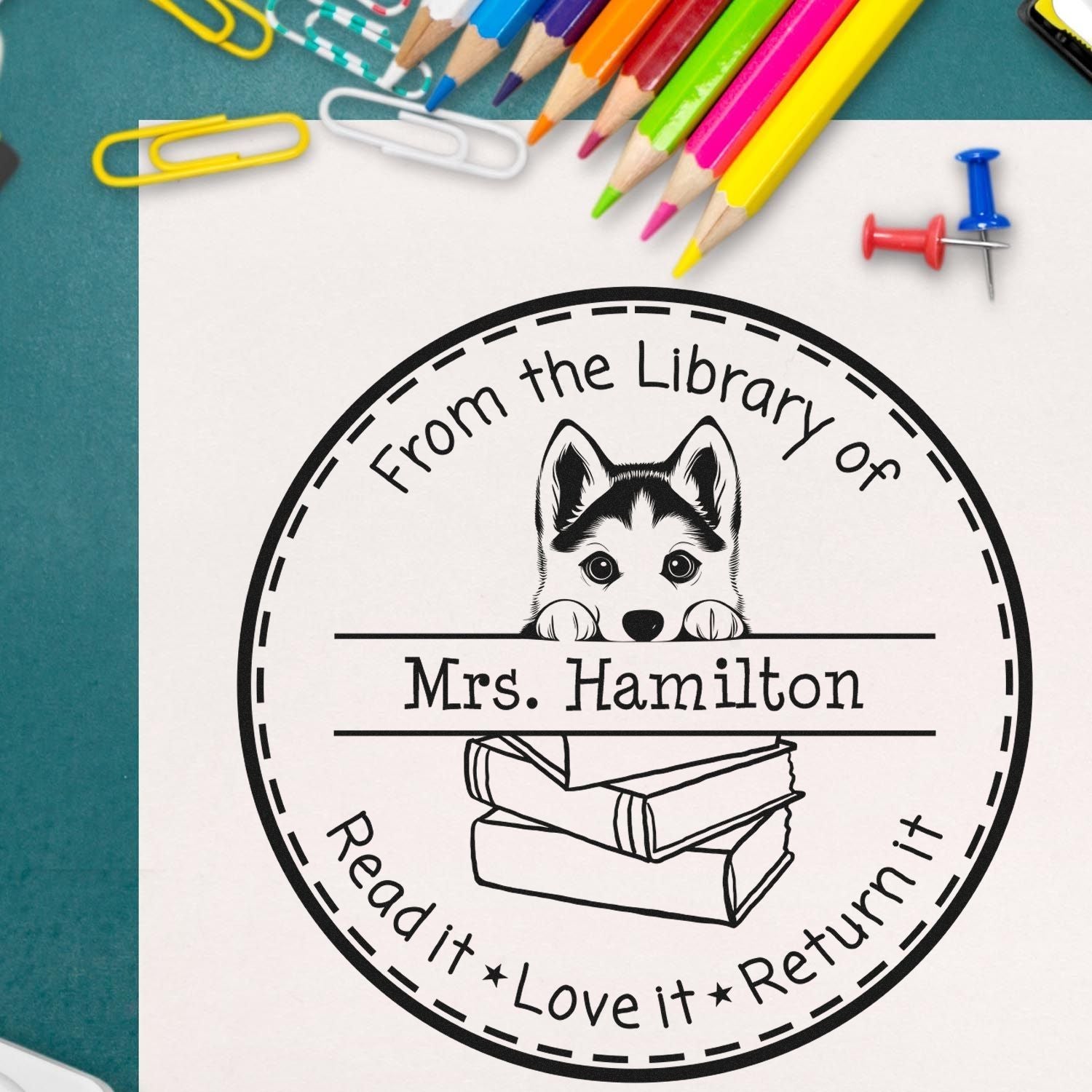 Cute Siberian Husky Puppy Themed Read It Love It Return It For Students Stamp - Engineer Seal Stamps