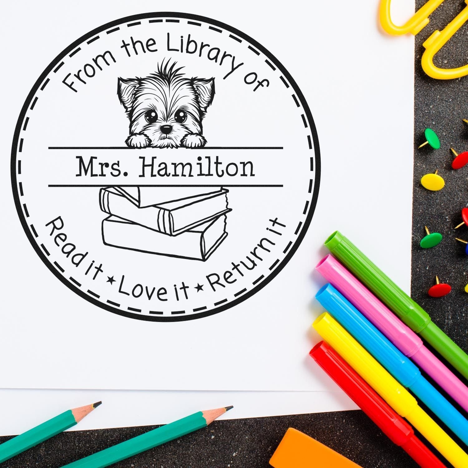 Cute Yorkshire Terrier Puppy Themed Read It Love It Return It For Books Stamp - Engineer Seal Stamps