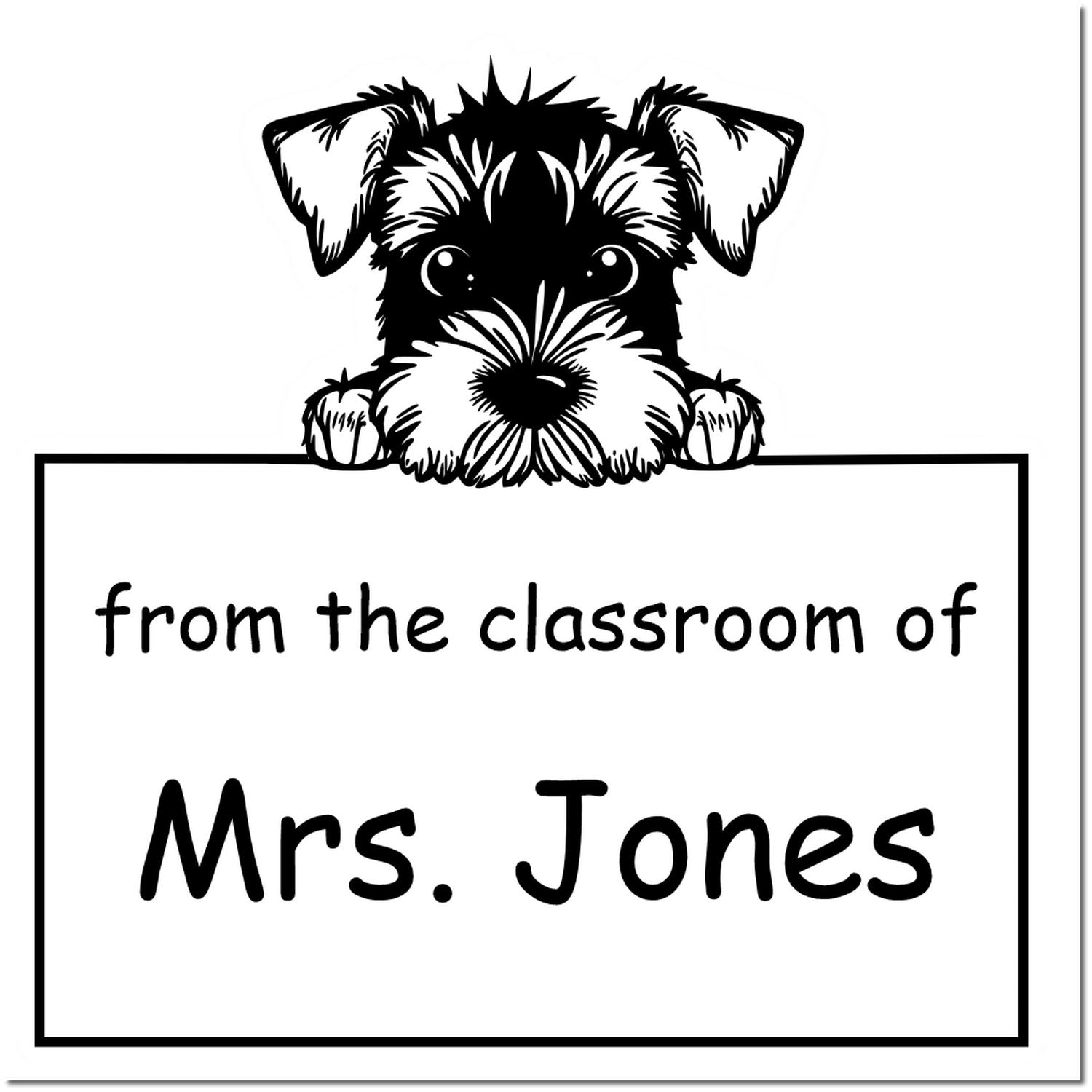 Black-and-white dog stamp seal with a puppy peeking over a sign reading from the classroom of Mrs. Jones