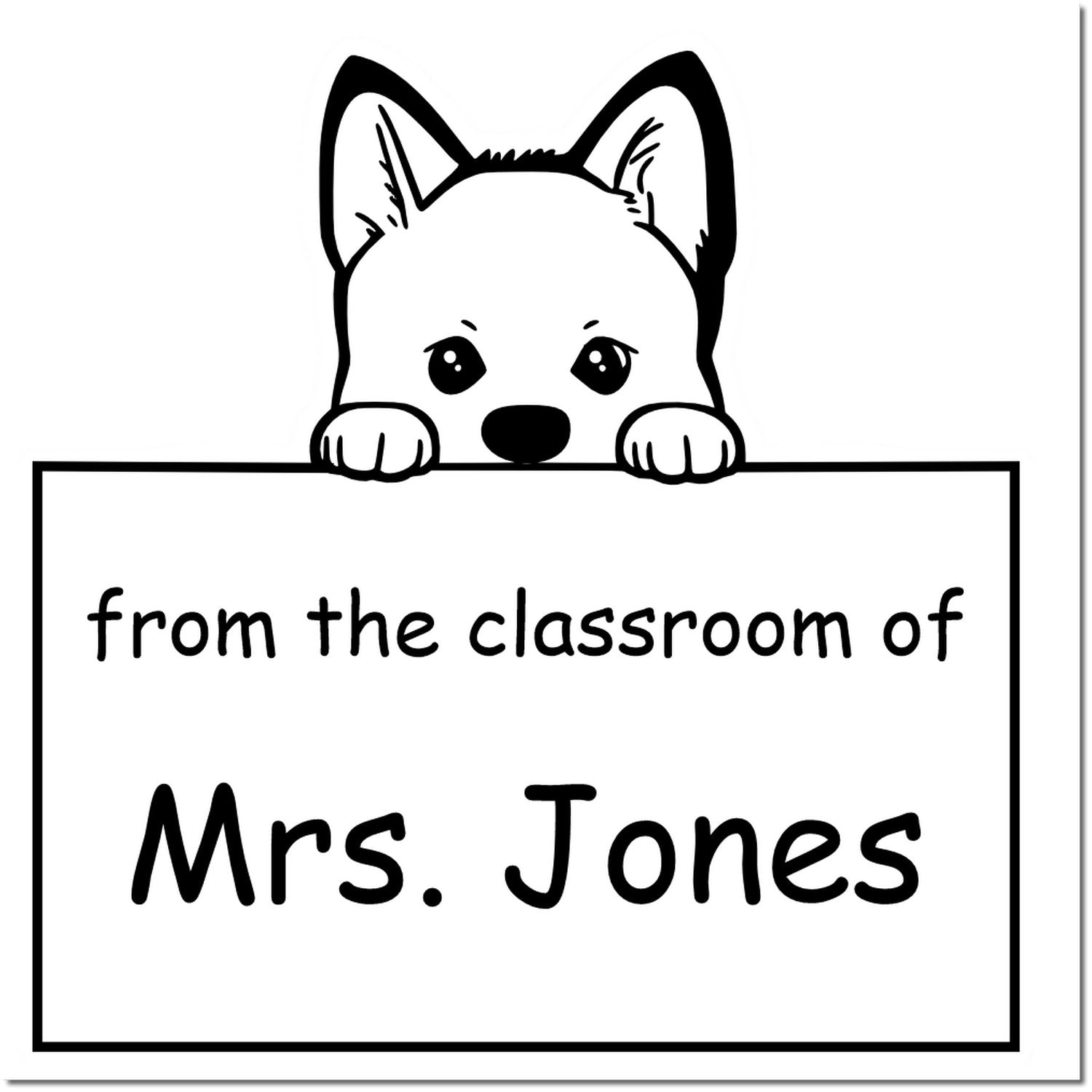 Black-and-white dog stamp and seal peeking over sign reading from the classroom of Mrs. Jones.